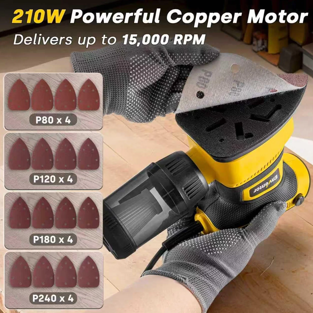Enventor Szlifierka do myszy 210 W, szlifierka do drewna z prędkością 15000 obr./min, 16 sztuk szlifierki szlifierskiej (80, 120, 180, 240 Grit), z pudełkiem na kurz, szlifierki Delta elektryczne do