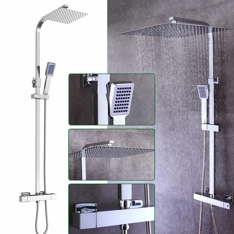 System prysznicowy z termostatem, 40 x 40 cm, podtynkowy, deszczownica, zestaw kolumny prysznicowej, armatura prysznicowa, ze stali nierdzewnej, drążek prysznicowy z regulacją wysokości, zestaw kolumn