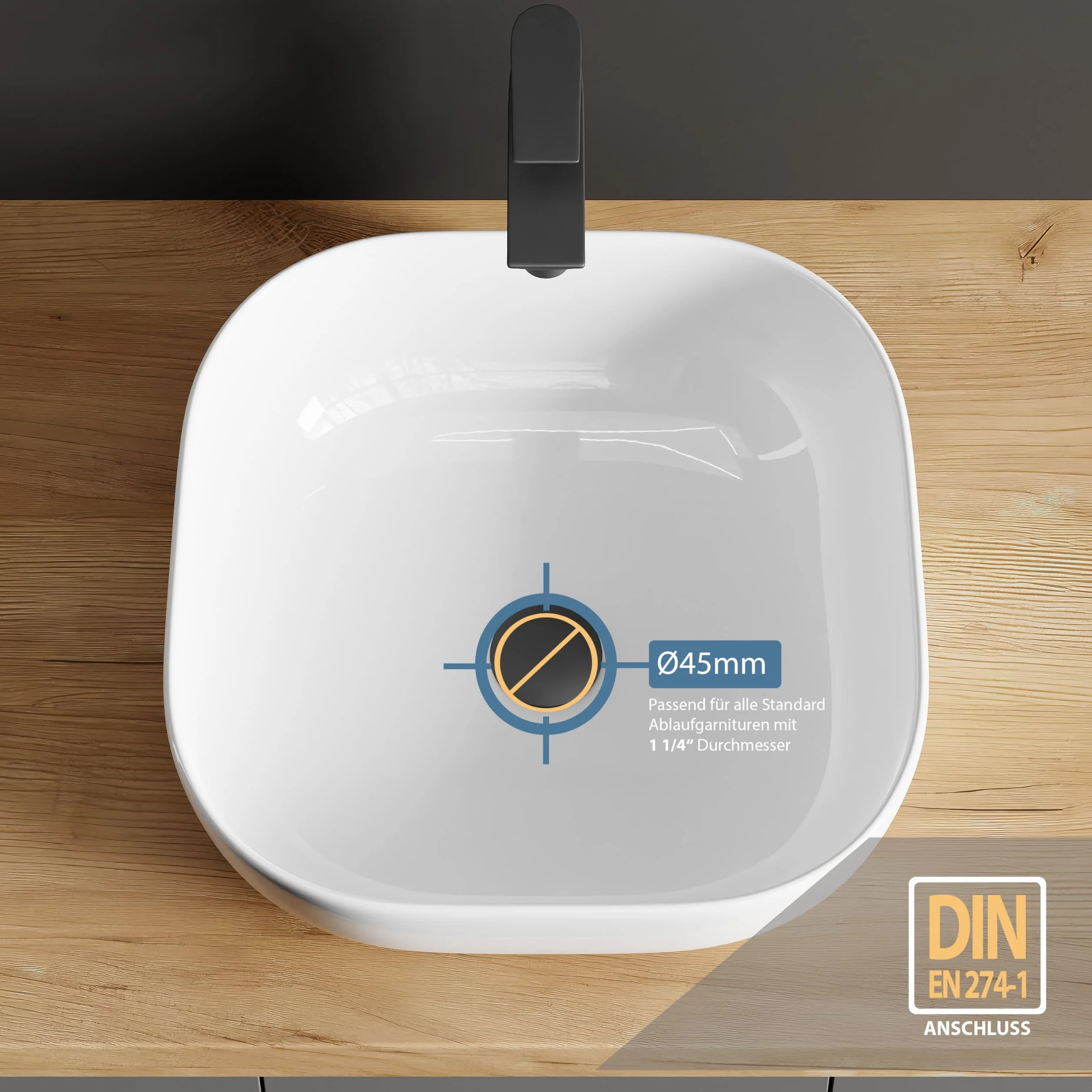 Planetmöbel Aquil Deluxe umywalka Square | Umywalka nablatowa do łazienki i WC dla gości | Umywalka do ręcznego spłukiwania bez otworu na baterię i przelewu | biała, 42,5 x 42,5 x14 cm