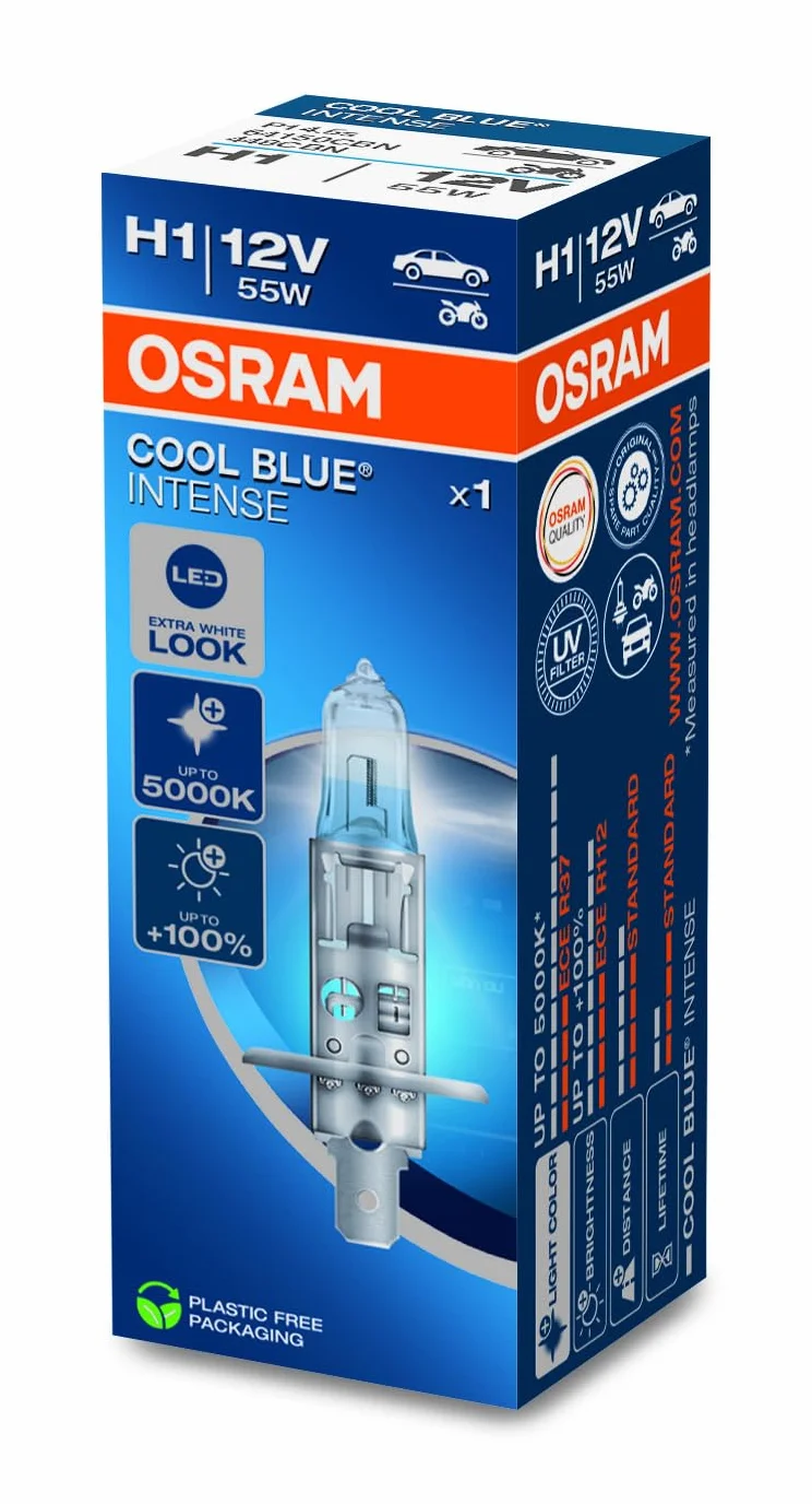 OSRAM COOL BLUE INTENSE H1, 100% più luminosa, fino a 5000K, lampada alogena, look LED, astuccio (1 lampada)