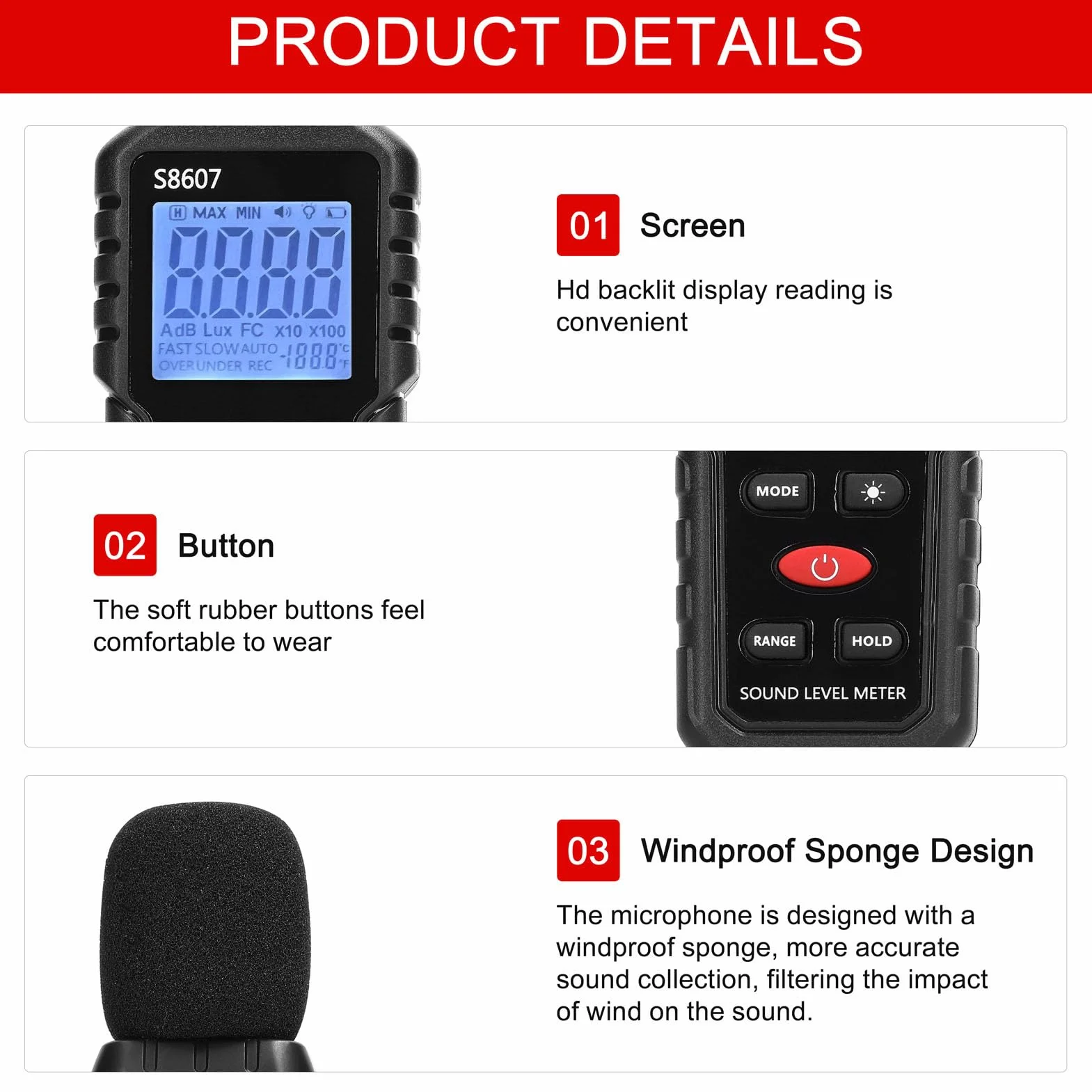Miernik Decybeli, Cyfrowy Miernik Poziomu Dźwięku, Przenośny Miernik SPL od 30 DB do 130 DB, Tester Pomiaru Hałasu w Decybelach Audio z Podświetlanym Wyświetlaczem LCD, Pomiar