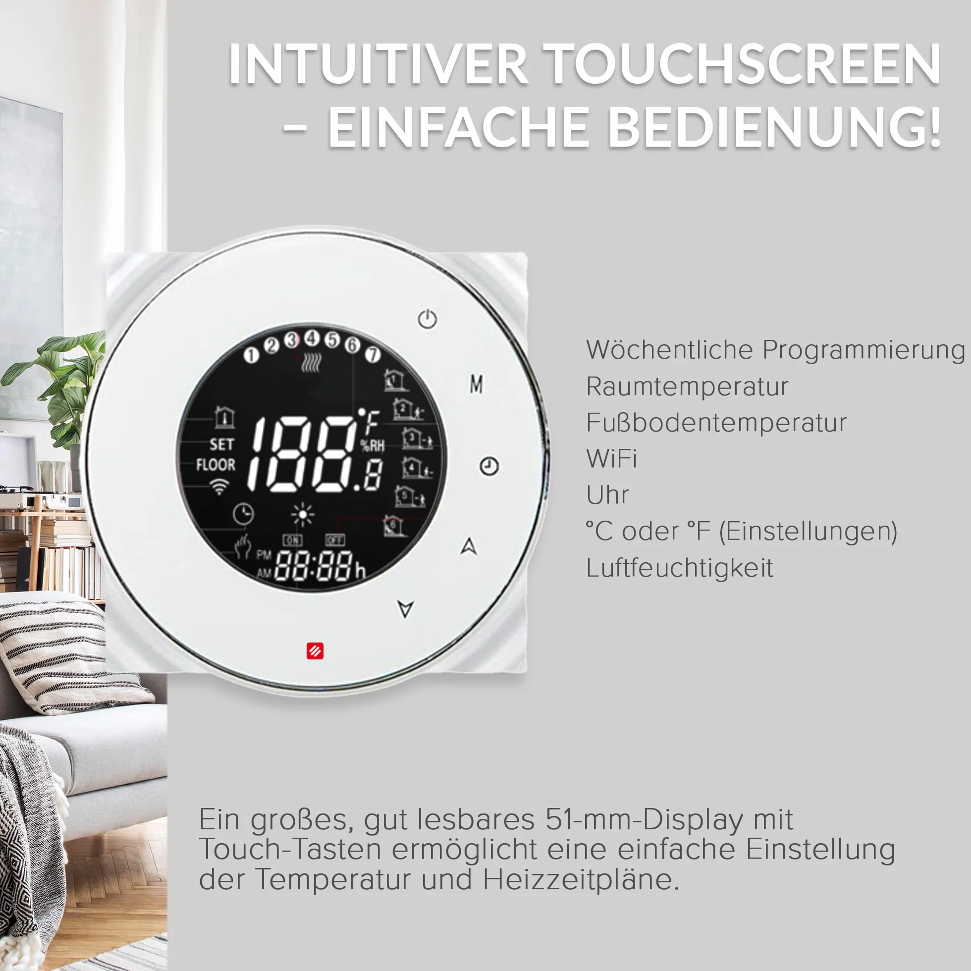 DREAM HEAT Inteligentny termostat, okrągły wyświetlacz dotykowy, sterowanie Wi-Fi, programowalne tryby, kompatybilny z Amazon Echo, Google Home
