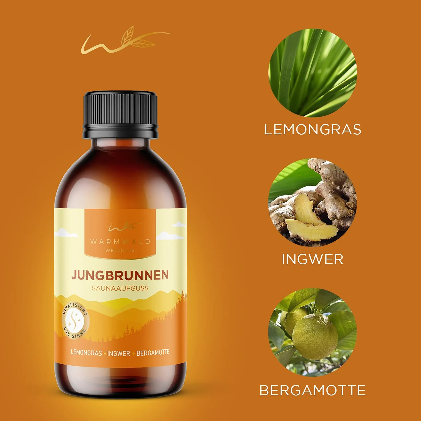 Warmwald Środek do nalewania do sauny, nalewanie do sauny z naturalnymi olejkami eterycznymi, olejek do sauny, zapach trawy cytrynowej, imbirowo-bergamotka (Jungbrunnen 100 ml)