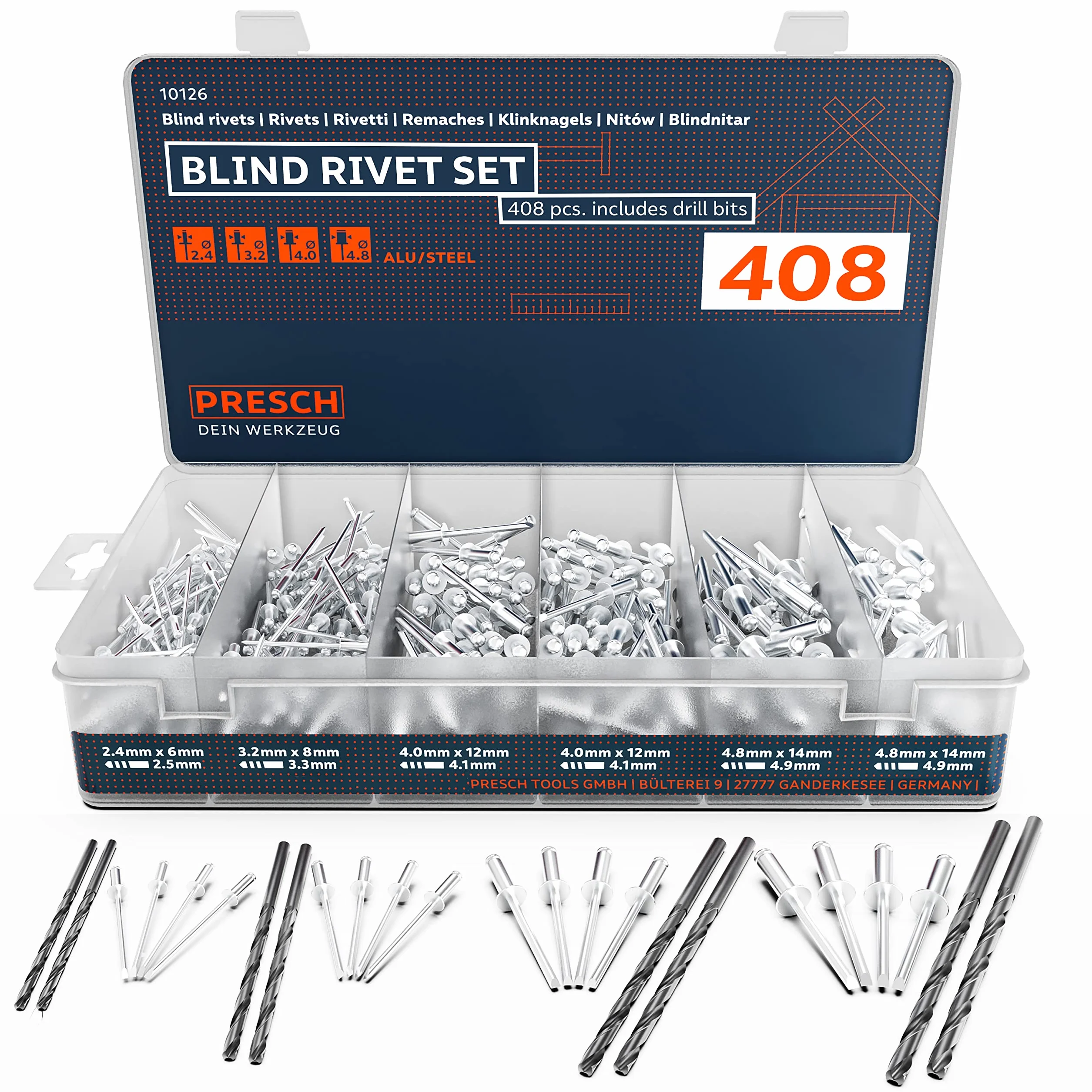 Presch Nity zrywalne w asortymencie 408 szt. z 8 wiertłami HSS - 400 nitów aluminiowych/stalowych 2,4, 3,2, 4,0 i 4,8 mm oraz 8 pasujących wierteł HSS 2,5, 3,3, 4,2 i 4,9 mm