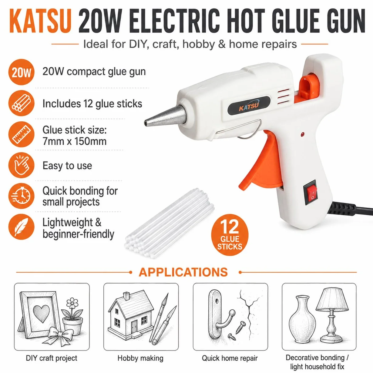 KATSU 20W Elektryczny Pistolet do Klejenia na Gorąco, Pistolet do Topienia Kleju z 12 Wkładami do Klejenia 7mm x 150mm do Robótek Ręcznych i Szybkiej Naprawy w Domu 323128