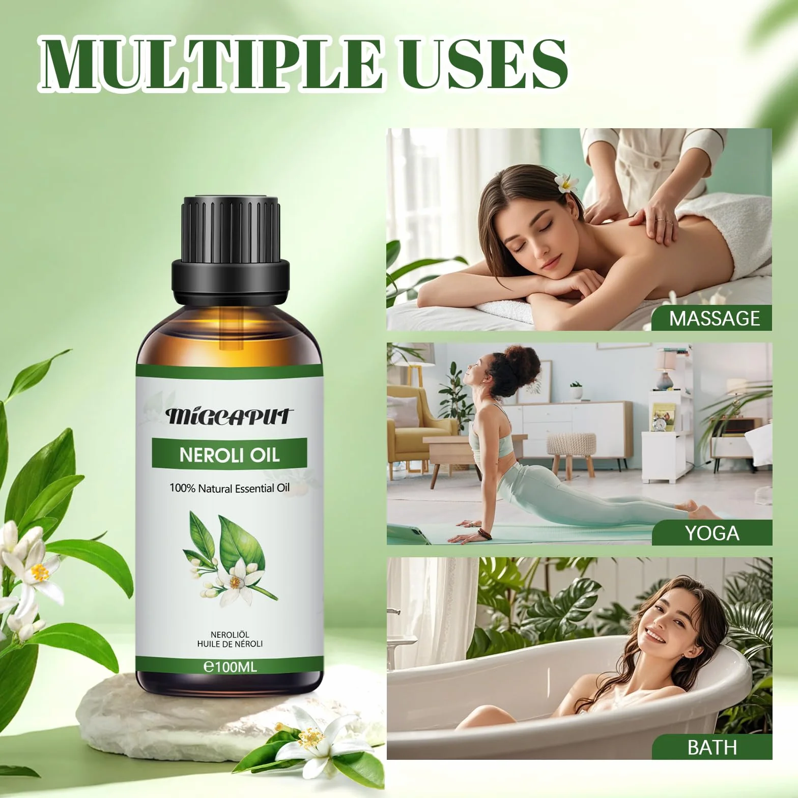 Migcaput Olejek eteryczny z neroli 100 ml, naturalny olejek zapachowy Neroli Essential Oils do dyfuzora, nawilżacza powietrza, aromaterapii, produkcji świec