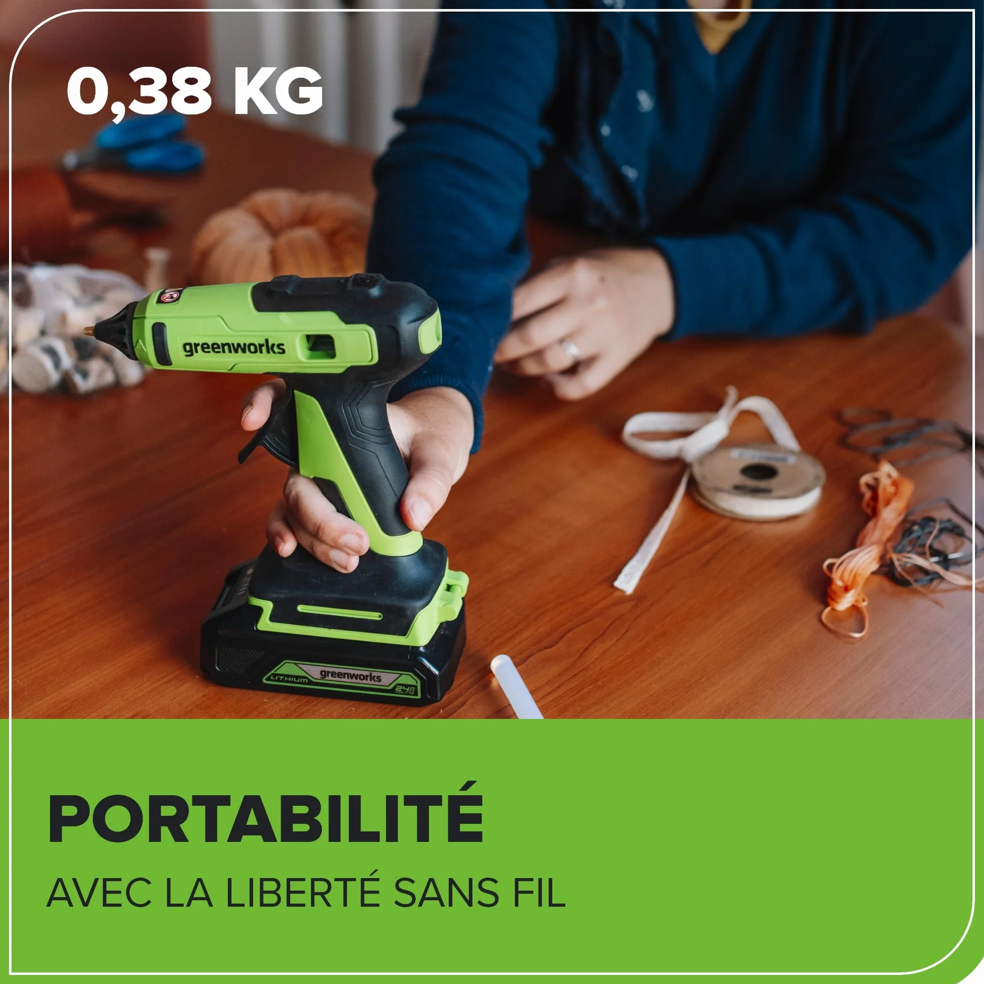 Greenworks Pistolet do klejenia na gorąco 24 V, bezprzewodowy, 90 sekund, szybkie nagrzewanie, światło LED, dysza bez kapania, automatyczne wyłączanie do majsterkowania, sztuki, rzemiosła, dekoracji