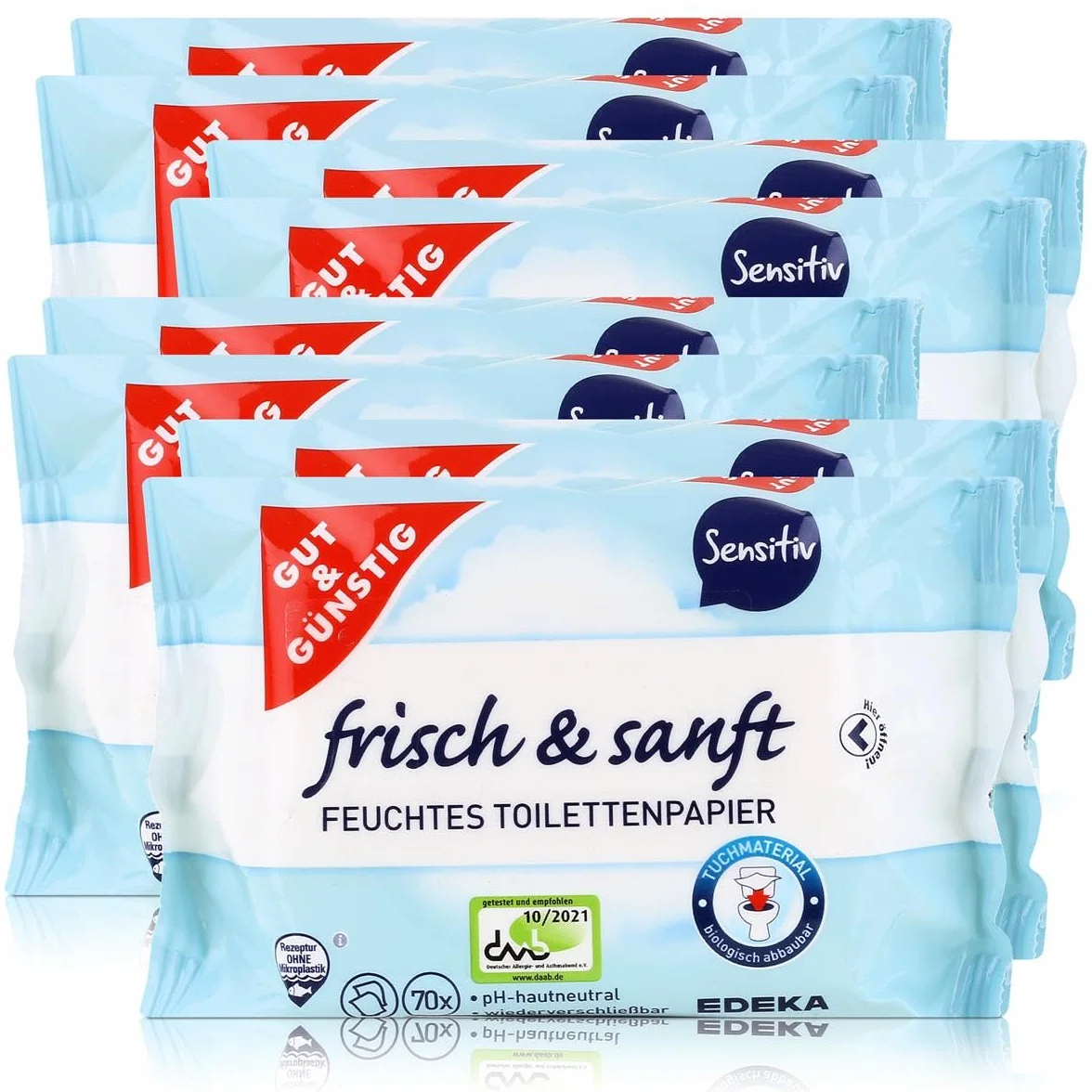 Gut & Günstig 8 sztuk (560 arkuszy) wilgotny papier toaletowy, 8 szt. w opakowaniu z aloesem