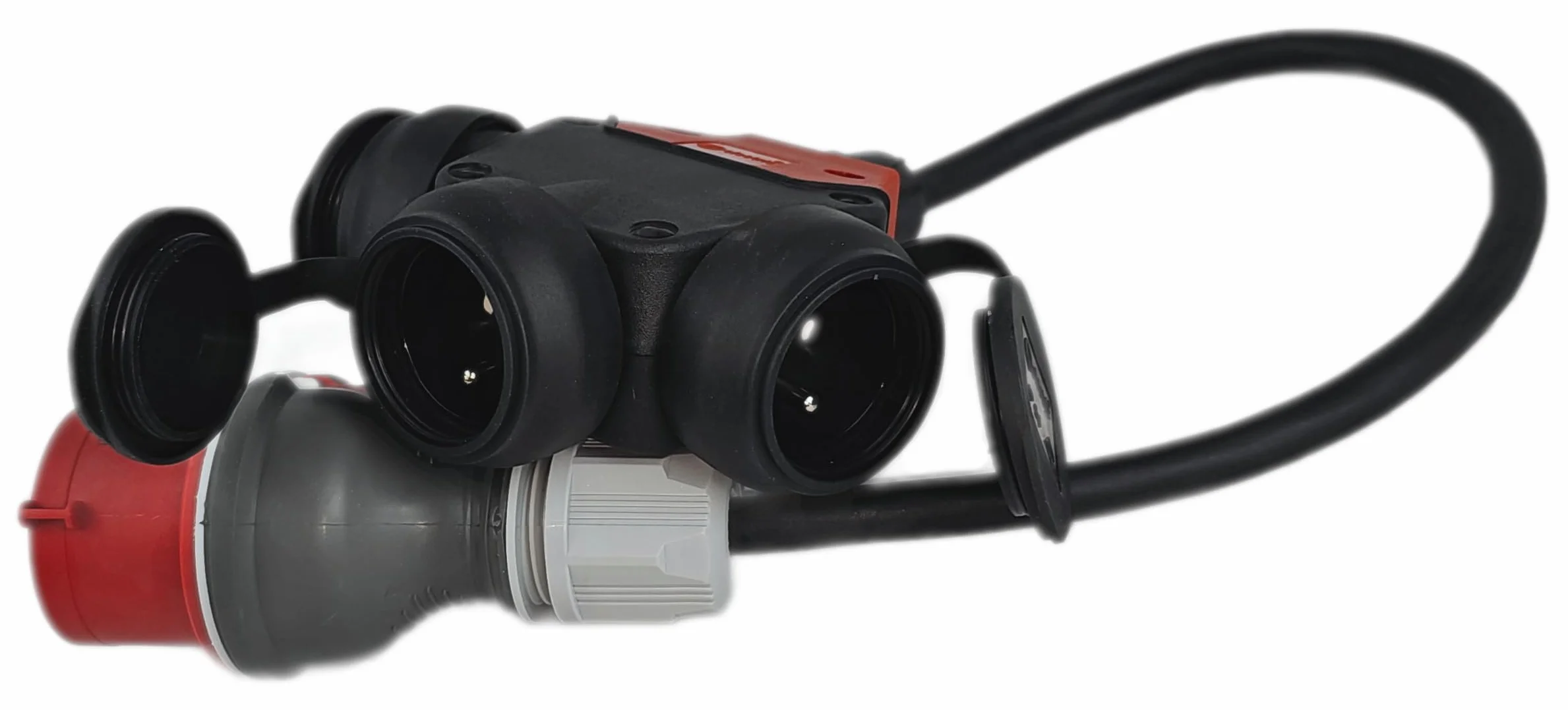 RoadEu Adapter przemysłowy przedłużający 0,5 m, adapter CEE 16A 380V do 220V z 3 gniazdami 230 V, przewód gumowy 5 x 2,5 mm², idealny do garażu, szopy lub fabryki