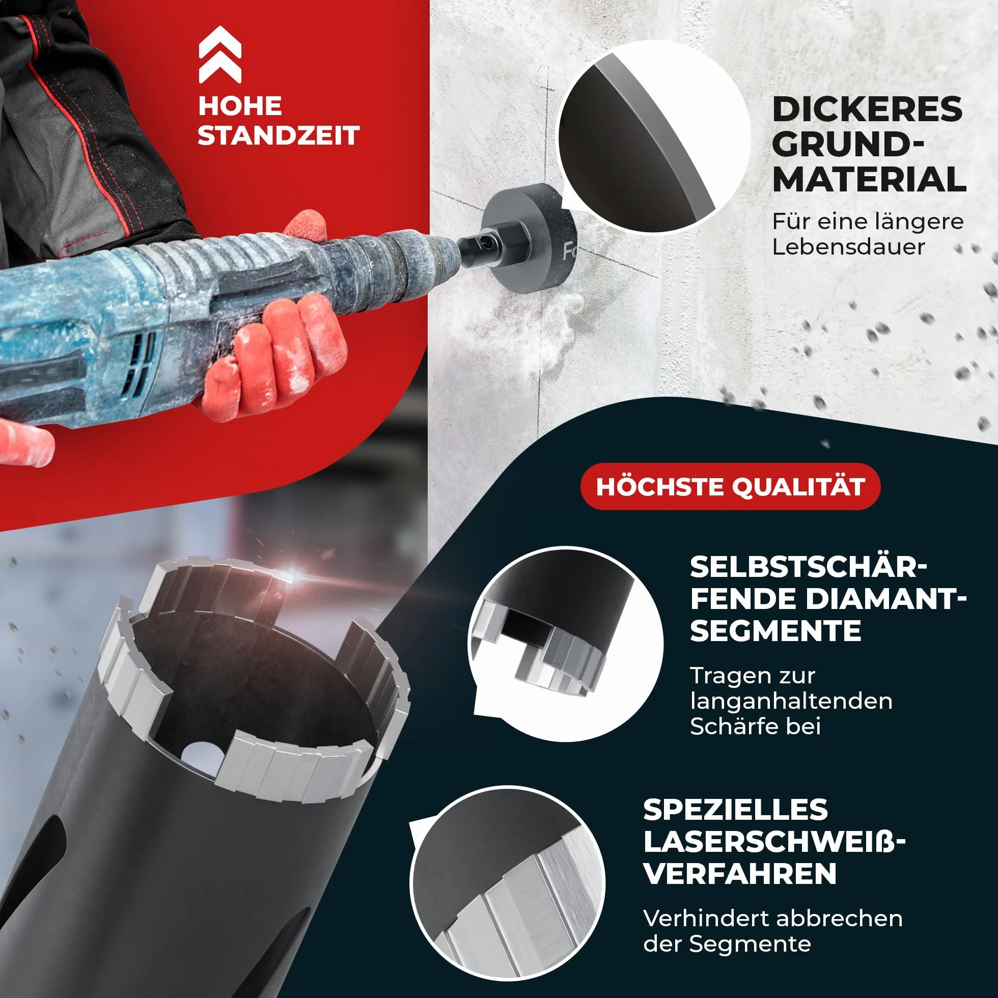 Fortura Wiertło rdzeniowe/koronka wiertnicza Ø 32-162 mm / długość 200 mm/SDS Plus/wiertło puszkowe/diamentowe wiertło wiertnicze / wiertło rdzeniowe / diament (Ø 50 x 200 mm)