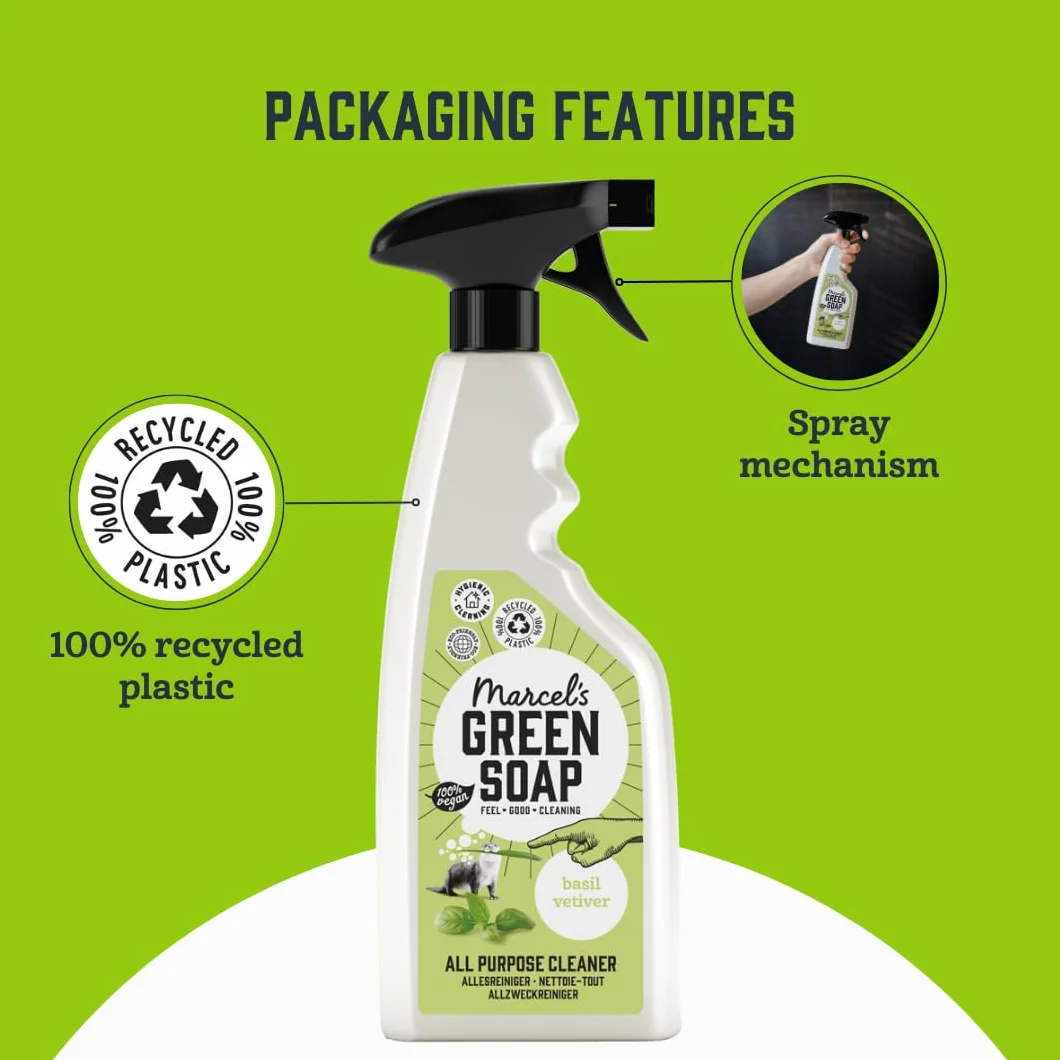 Marcel's Green Soap - Uniwersalny spray bazylia i wetiweria - spray czyszczący - przyjazny dla środowiska - wegański - 99% biodegradowalny - 500 ml