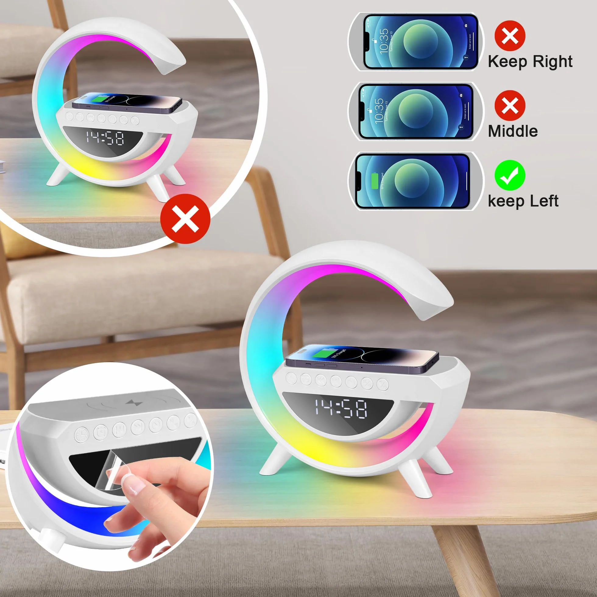 Bezprzewodowa lampa ładująca, wielofunkcyjna lampka nocna RGB, bezprzewodowa stacja ładująca, głośnik Bluetooth, cyfrowy budzik do sypialni/kempingu / salonu