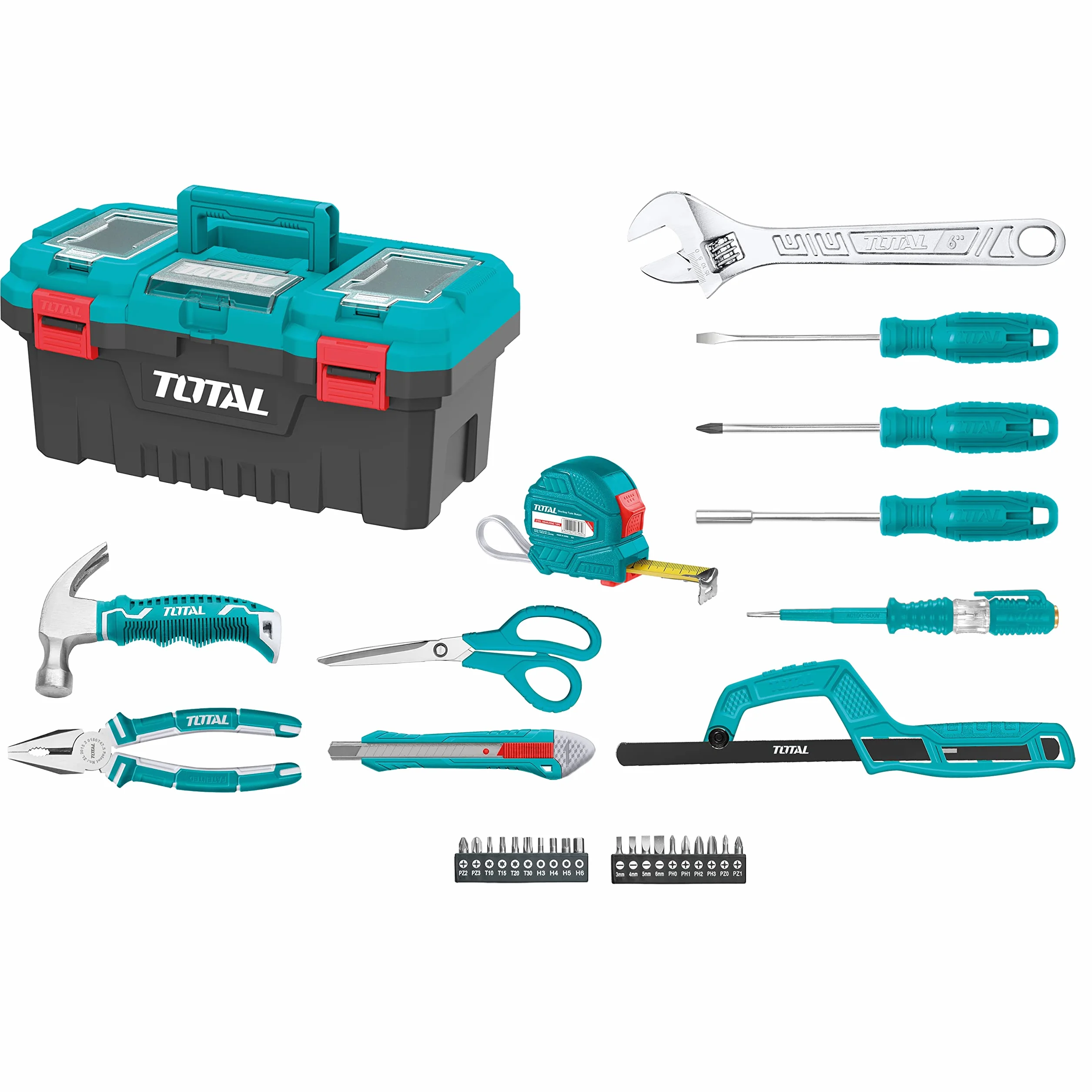 Total Tools - Pudełko z 32 narzędziami 17" (43 cm) | Szczypc, Klucz, Śrubokręt i młotek z grzechotką | Flexometr, końcówki i łuk piły | Tester napięcia