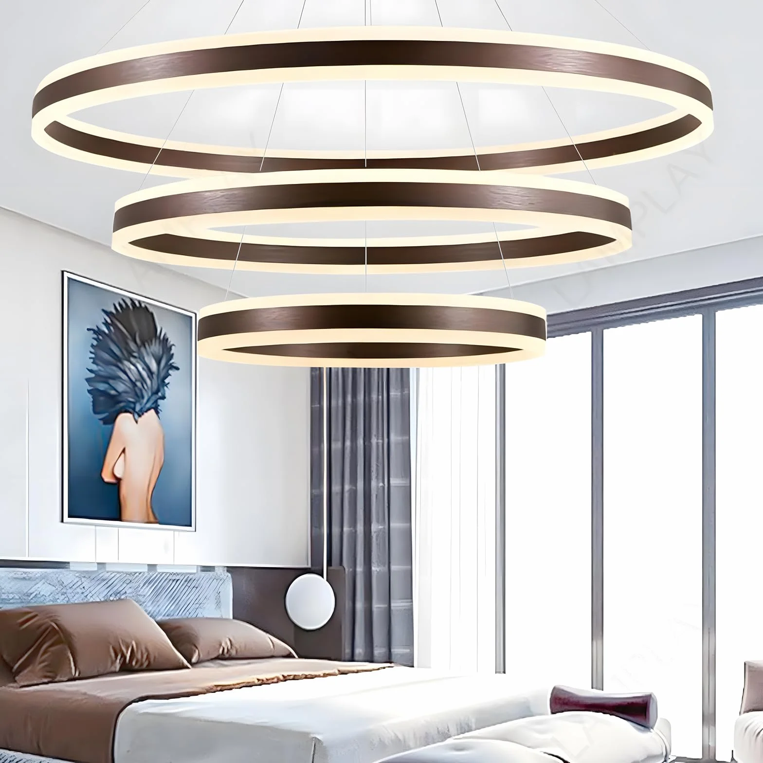 Okrągła Nowoczesna Lampa Wisząca LED, 3 Brązowy Żyrandol Pierścieniowy, Ściemniana Za Pomocą Pilota 3000K-6000K Lampa Sufitowa, Regulowana Wysokość, Salon Sypialnia Jadalnia (60+80+100cm)