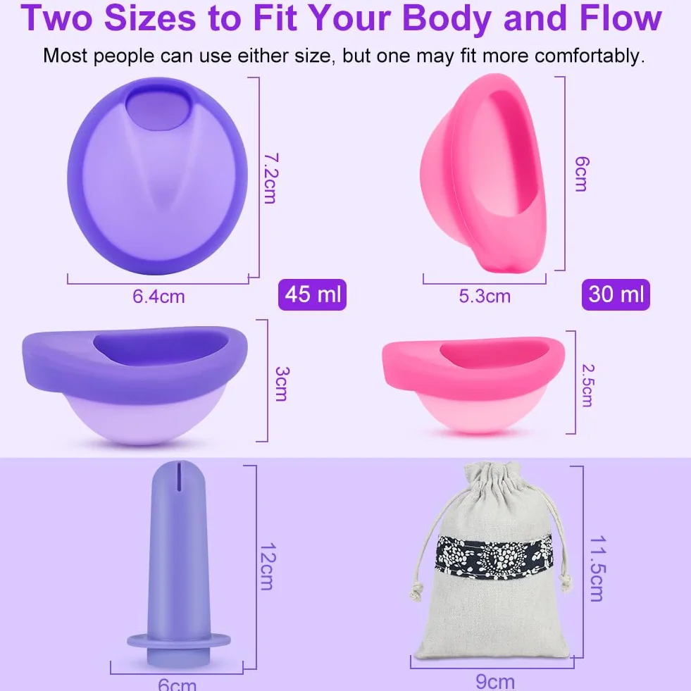 2 krążki menstruacyjne rozmiary S+L+2 narzędzia do zastosowania, silikon medyczny, z kieszeniami do przechowywania, krążkiem wielokrotnego użytku, do normalnego lub silnego krwawienia