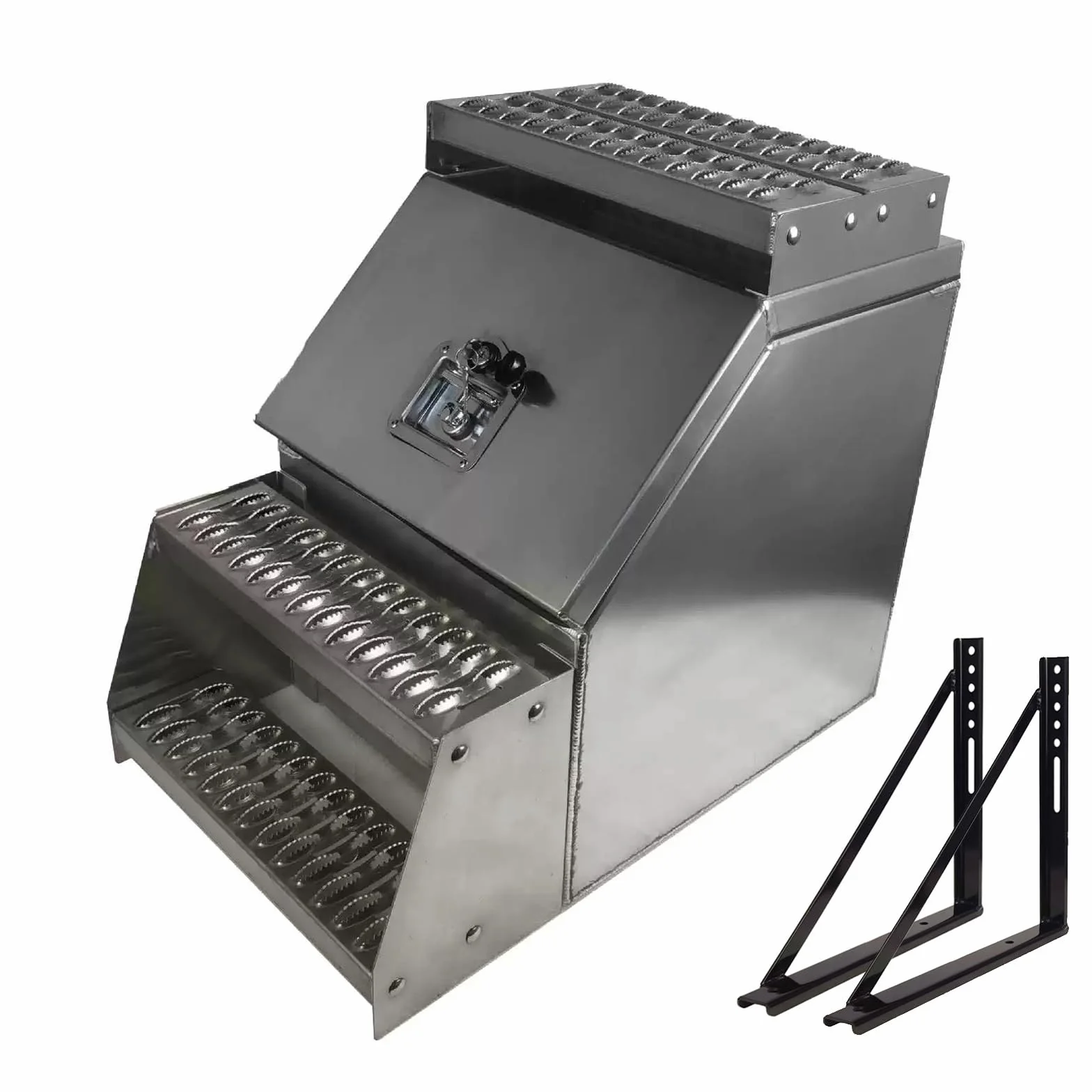 Aluminiowa skrzynka narzędziowa ze stopniami, otwierany od góry organizer do przechowywania z zamkiem w kształcie litery T i kluczem, do przyczepy kempingowej