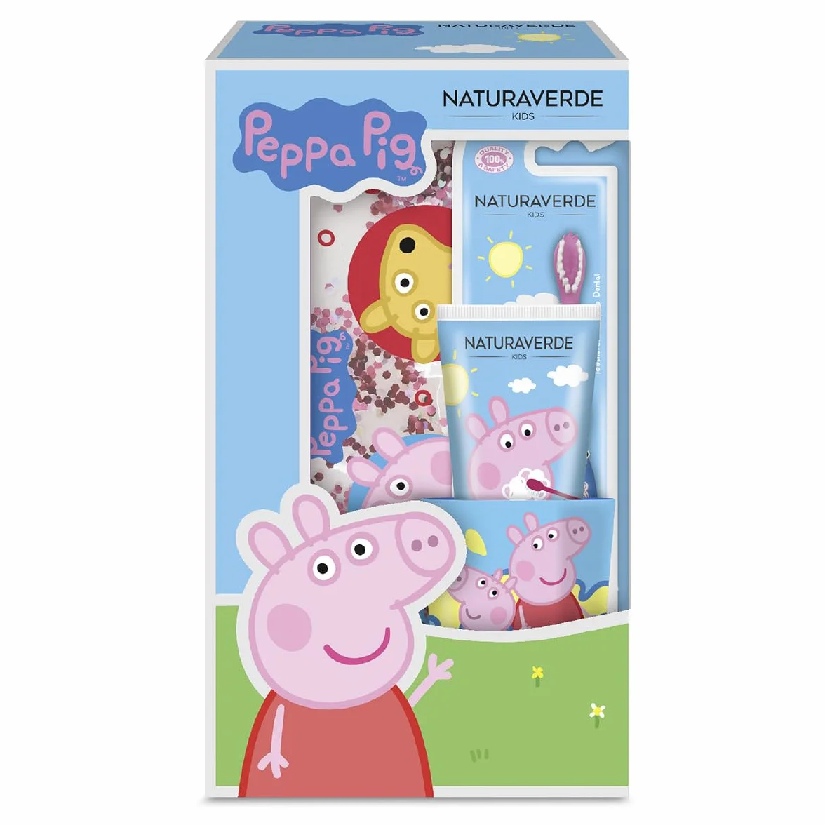 Naturaverde | Peppa Pig Gift Set Oral Care, ręczna szczoteczka do zębów, pasta do zębów dla dzieci smak truskawki 75ml, szklanka i kopertówka brokatowa