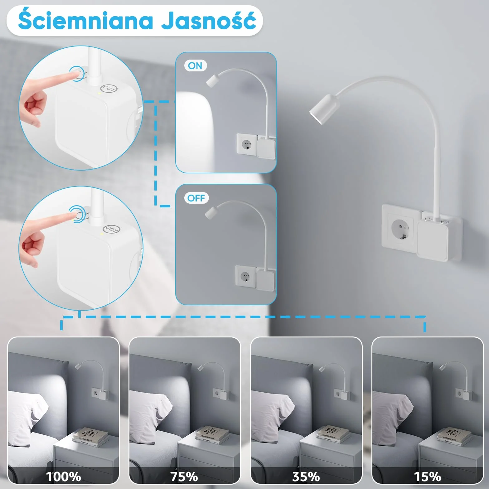 Lampka Nocna do Czytania Na Ścianę LED, Biała Lampa na Wysięgniku Ścienna do Czytania LED z Wtyczką, 3 Tryby Kolorów, Oświetlenie Punktowe 50°, Dwa Przełącznik Dotykowy