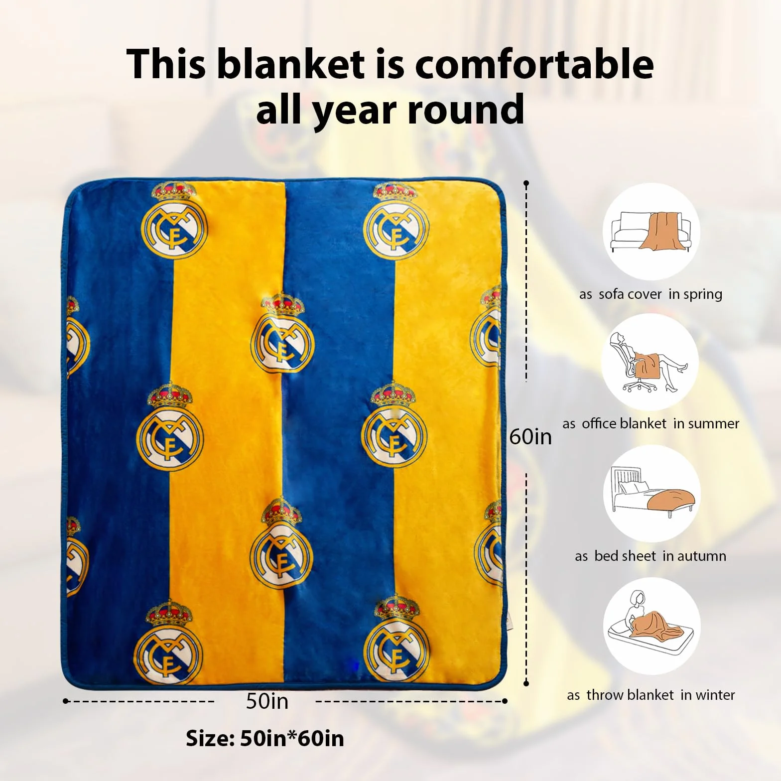 Real Madrid koc z podszewką sherpa, jedwabisty, 127 x 152 cm