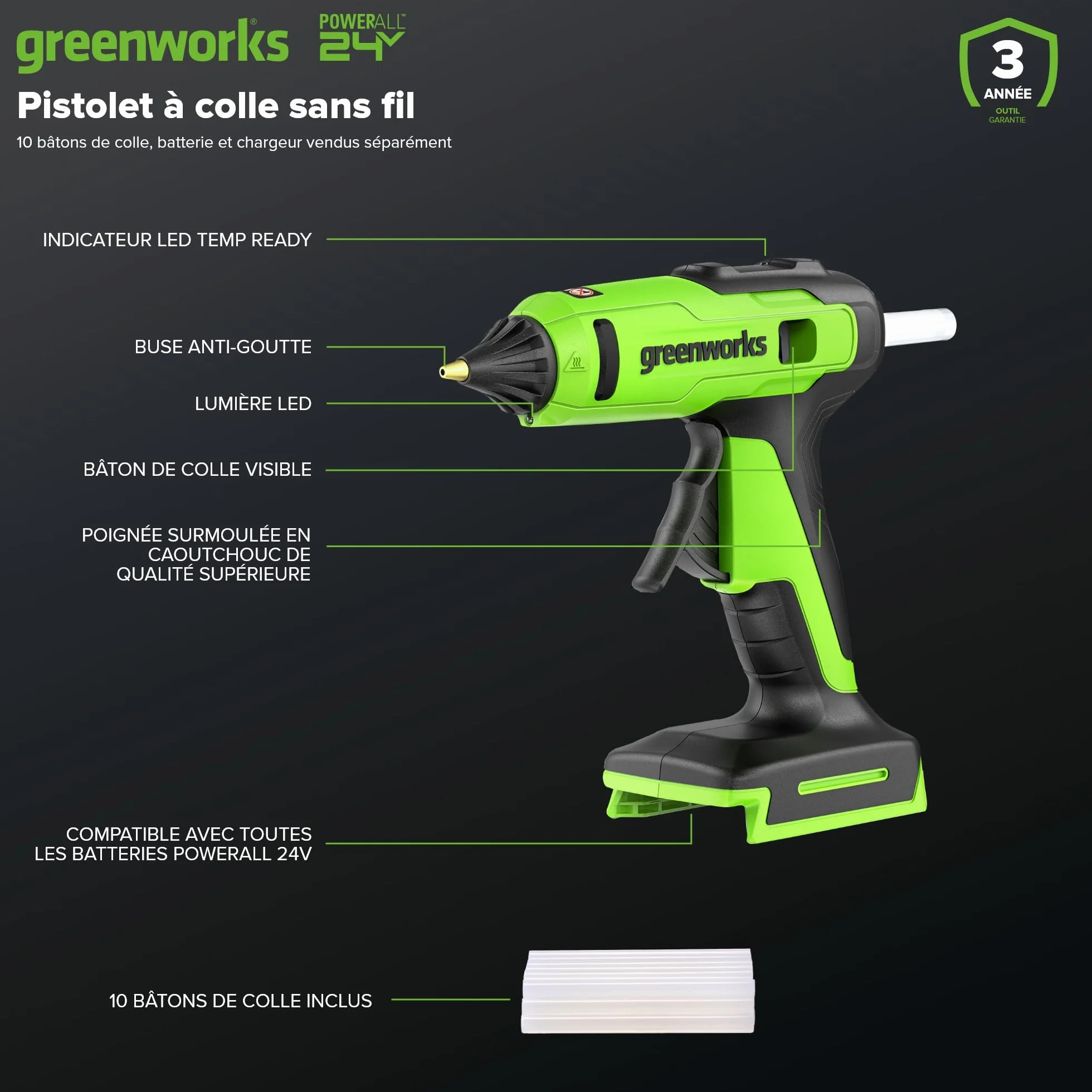 Greenworks Pistolet do klejenia na gorąco 24 V, bezprzewodowy, 90 sekund, szybkie nagrzewanie, światło LED, dysza bez kapania, automatyczne wyłączanie do majsterkowania, sztuki, rzemiosła, dekoracji