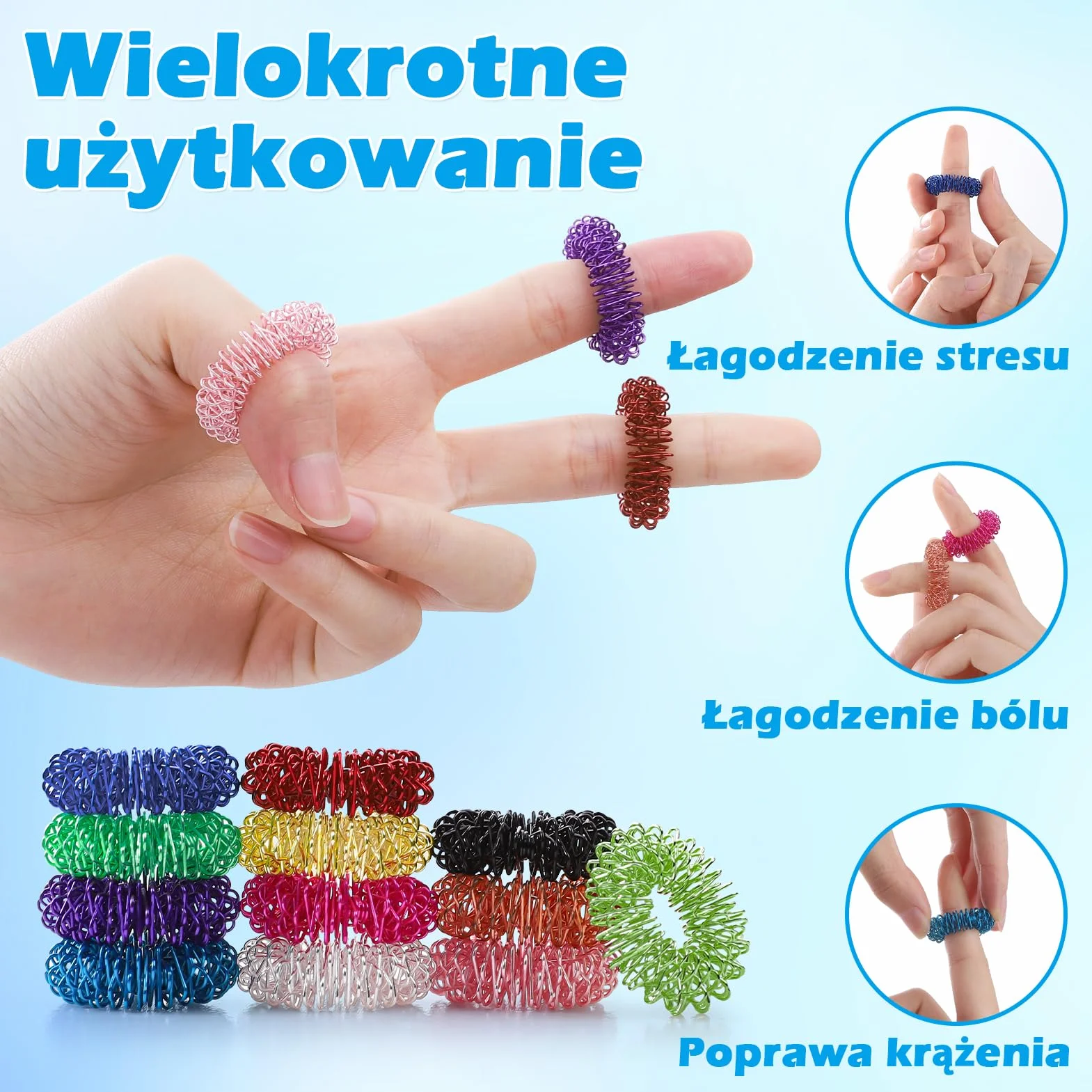 Zestaw 12 Pierścieni do Akupresury 27 mm, Pierścienie Masujące z Wypustkami do Redukcji Stresu i Krążenia Krwi