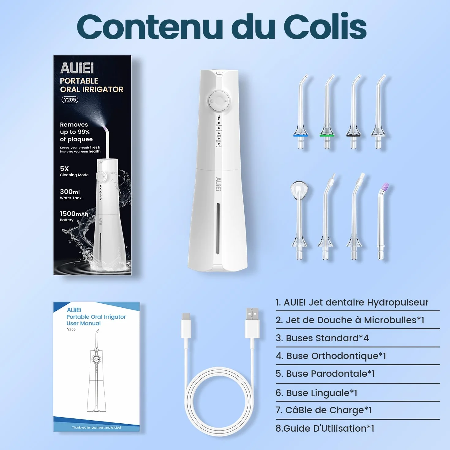 AUIEI Przenośny opryskiwacz dentystyczny do wody Flosser, irygator jamy ustnej 5 trybów i 8 dysz, zbiornik 300 ml, ładowany przez USB, wodoodporny IPX 7, odpowiedni do czułych dziąseł, biały