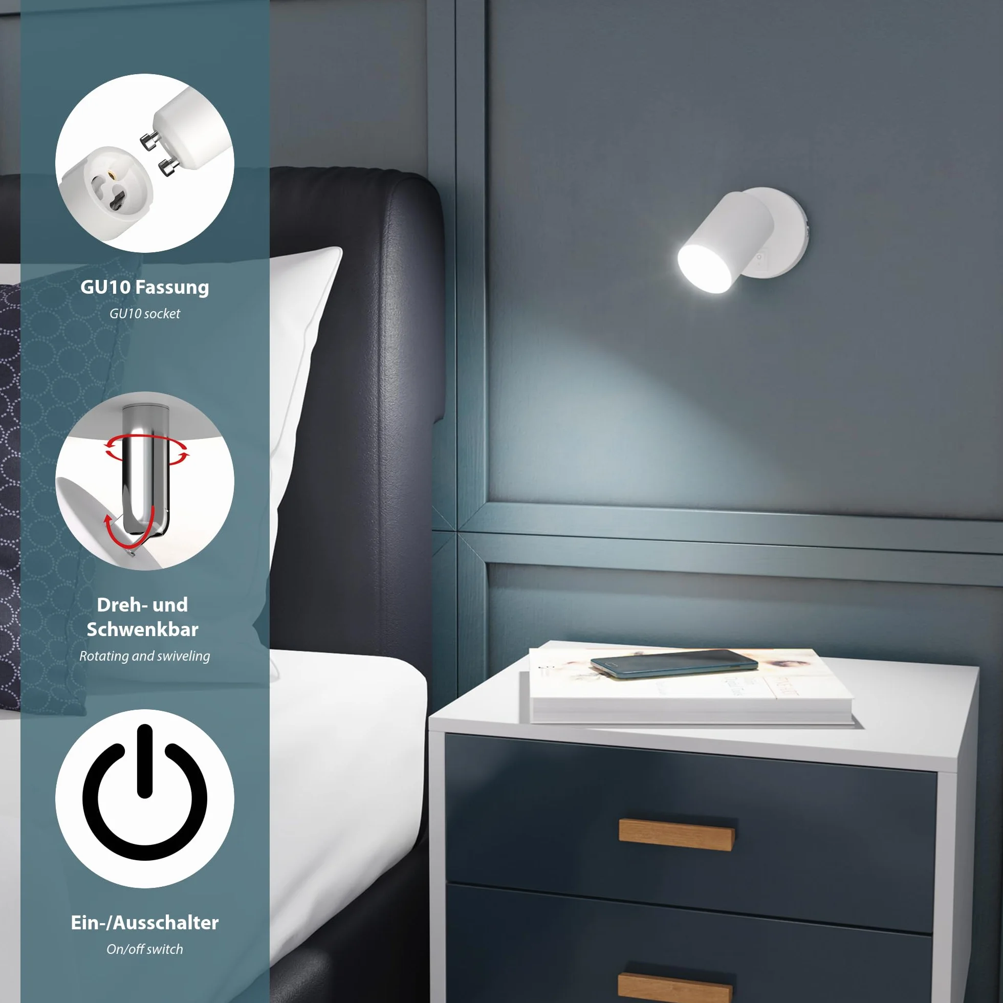 ledscom.de 2 spoty ścienne WAIKA, jednopłomienne, z przełącznikiem, GU10, biały mat, w zestawie z lampą LED Smart Home RGBW GU10, 5.41W, 473lm