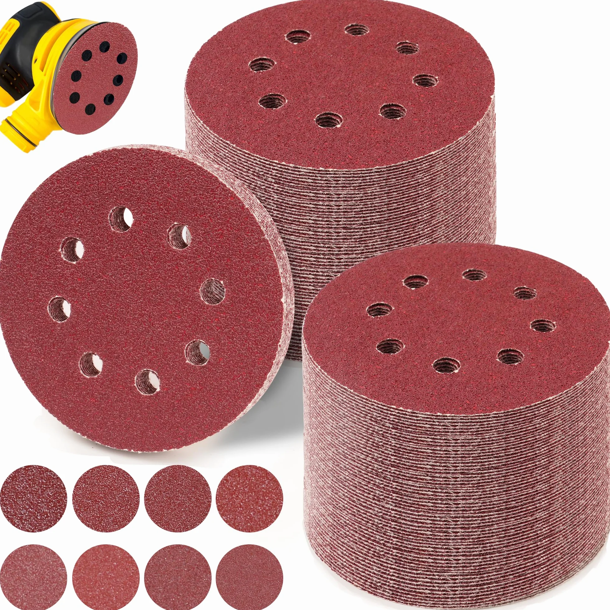 100 sztuk papieru ściernego, mocowane na rzep krążki szlifierskie 5 w 8 otworów, P40/P60/P80/P120/P180/P240/P320/P400, szlifierka ścienna do drewna, metalu, tworzywa sztucznego, akcesoria do