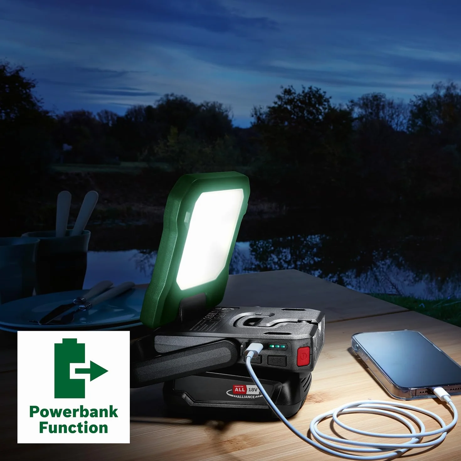 Bosch akumulatorowa lampa LED/kempingowa EasySpotLight 18V-400 (światło ciepłe/zimne, 3 ustawienia jasności, składana/obrotowa głowica: 360°/180°, system 18V, powerbank USB-C®, bez akumulatora)