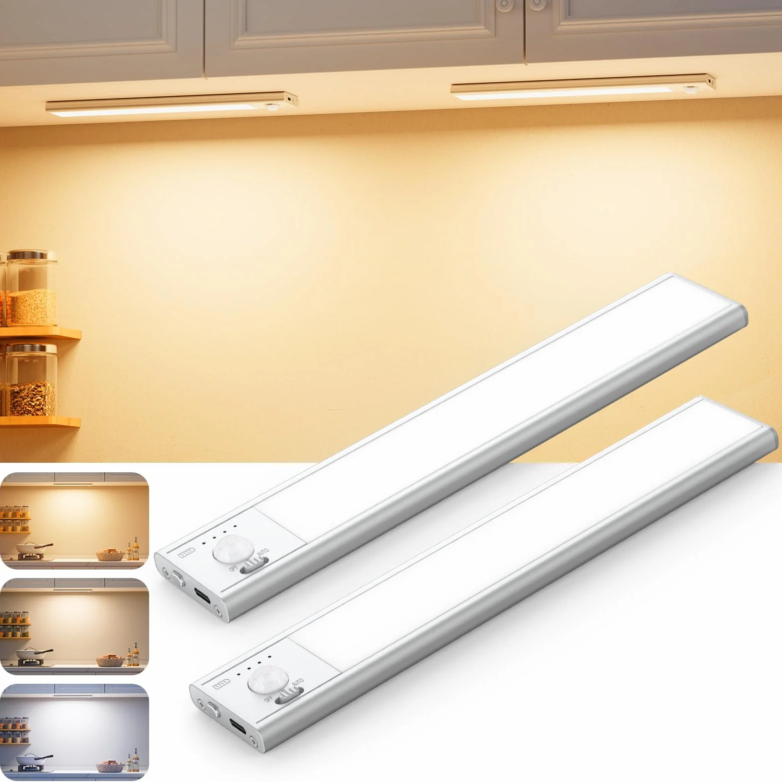 Oświetlenie podszafkowe LED kuchenne z czujnikiem ruchu, bezprzewodowe oświetlenie szafek LED, ściemnialne, ładowane przez USB-C, ultracienki pasek do oświetlenia szafy, schodów, kampera
