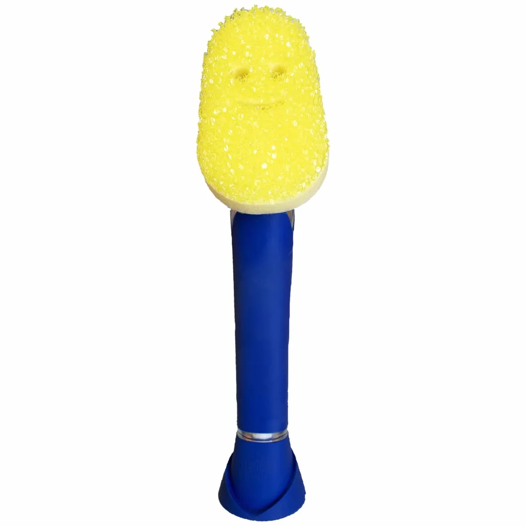 Scrub Daddy Dish Daddy - FlexTexture Skrobaczka gąbka do naczyń, wbudowany uchwyt dozownik płynu i mydła, szczotka do skrobania i zdejmowana głowica - Stoisko antywyciekowe - Niebieski