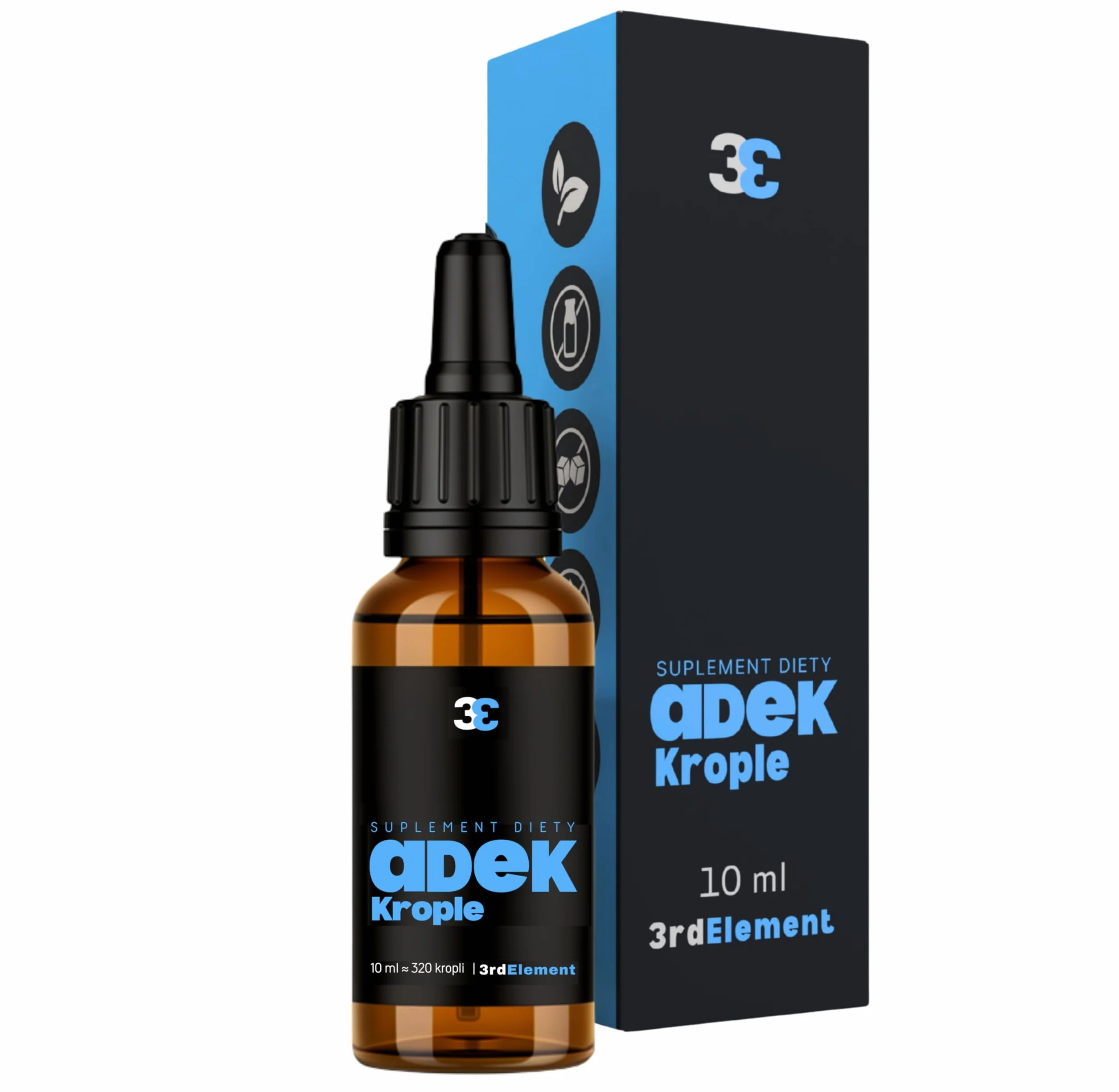Witaminy ADEK w kroplach 10 ml Wegańska formuła Wspiera odporność wzrok skórę kości 3rd Element Nutrition