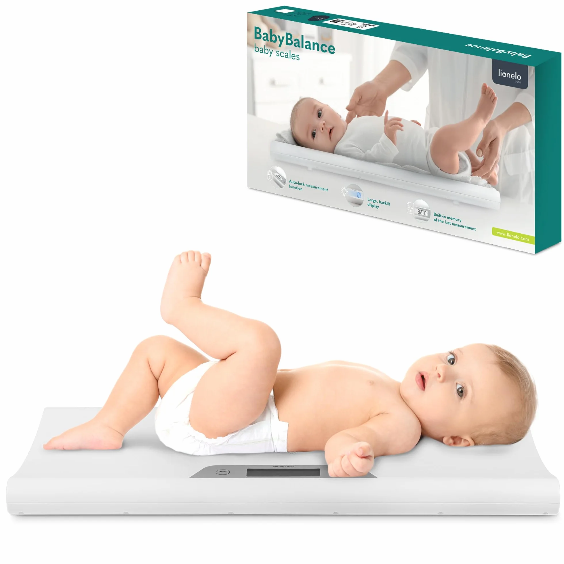 LIONELO BABYBALANCE waga elektroniczna dla niemowląt, waga do 20 kg, duży wyświetlacz, funkcja tarowania, przechowywanie ostatniego pomiaru, precyzyjne ważenie w odstępach co 5 g