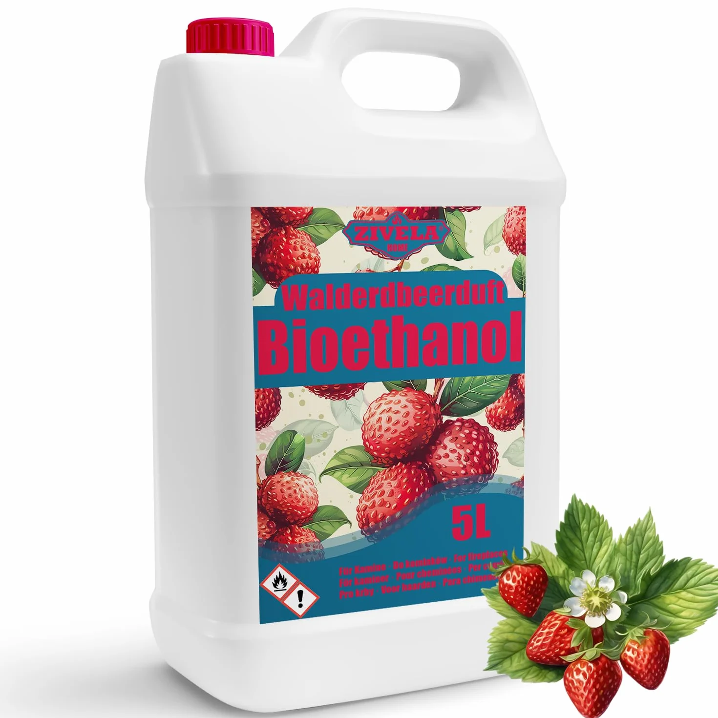 Bioetanol 96,6% 5 l | bioalkohol o zapachu truskawek 96,6% 5 l | bioetanol do kominka, kominka stołowego | bioetanol zapach truskawek | czyste spalanie, bez dymu, żywy i stabilny płomień