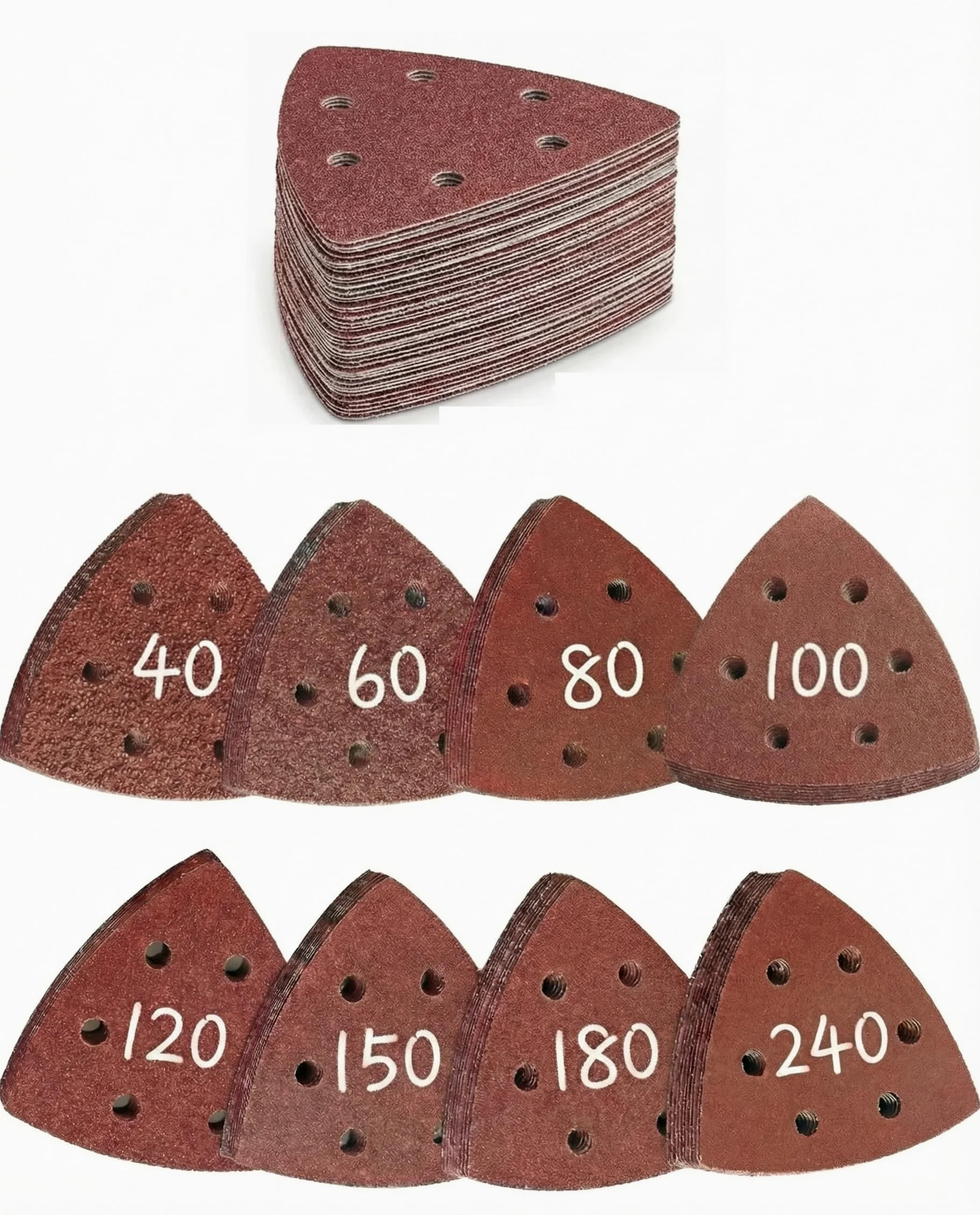 Delta zestaw papieru ściernego, 80 sztuk, 30 x 40, 60, 80, 100, 120, 150, 180, 240, ziarnistość: 6 otworów, 93 x 93 x 93 mm, rzep, trójkątny, do szlifierek trójkątnych, trójkątnych