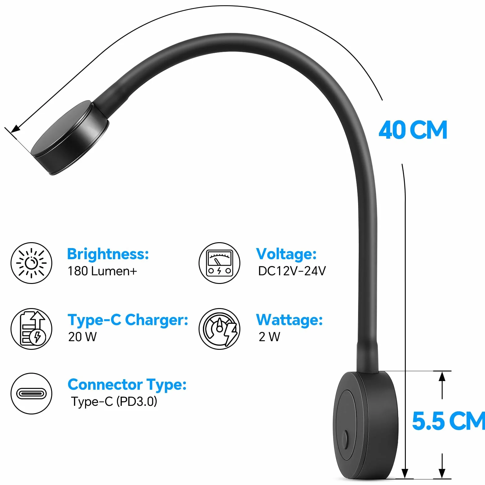 acegoo Lampa do czytania 12 V LED, ściemniana, do łóżka, elastyczna lampa do montażu na ścianie, na stolik nocny DC 12-24 V, 3200 K, z przełącznikiem ściemniacza i ładowarką typu C, do łodzi, kamperów