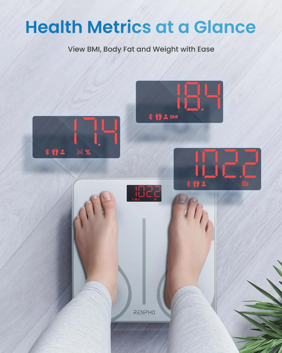 RENPHO Cyfrowa waga łazienkowa z funkcją Bluetooth do analizy tkanki tłuszczowej, BMI, masy mięśniowej, białka, BMR