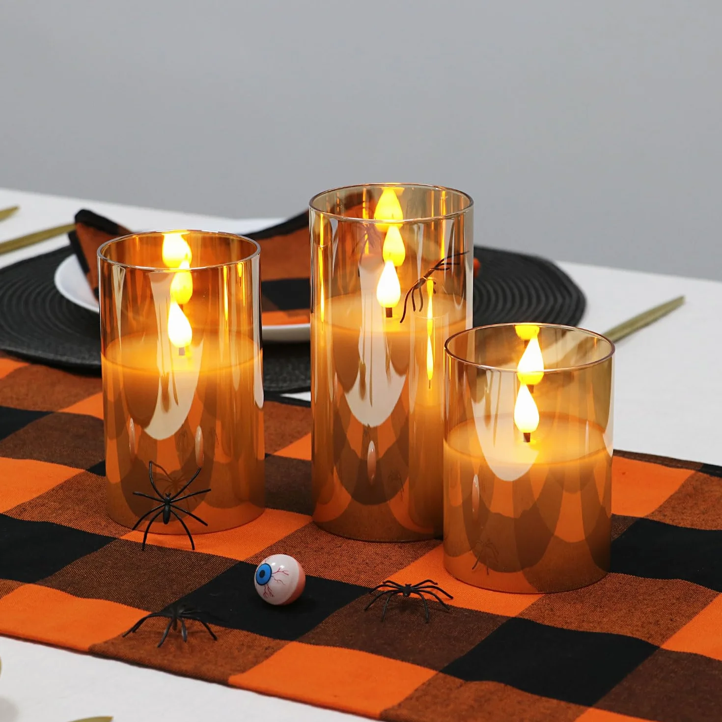 Rhytsing Złote świece led bezpłomieniowe w szkle, 3 szklane lampiony oświetlenie dekoracyjne z ciepła biała światła, wysokość 10/12,5/15 cm, pilot i baterie w zestawie