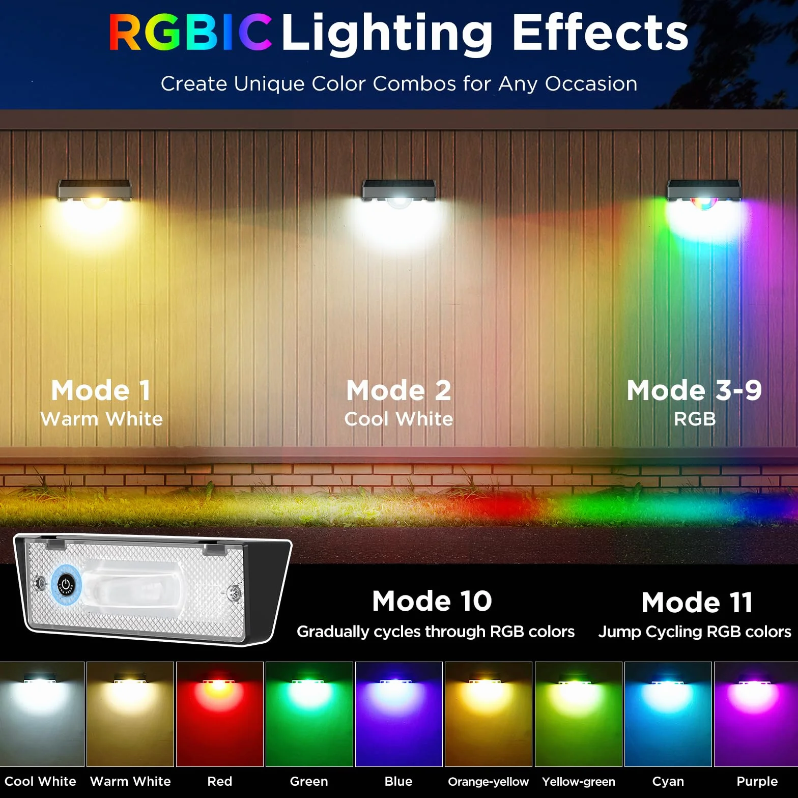 Quntis Solarna lampa ścienna zewnętrzna z efektem wiązki światła, 4 sztuki, 11 trybów świecenia (ciepła biel i zmiana kolorów RGB), IP44, wodoszczelne solarne oświetlenie ogrodzenia, do użytku na