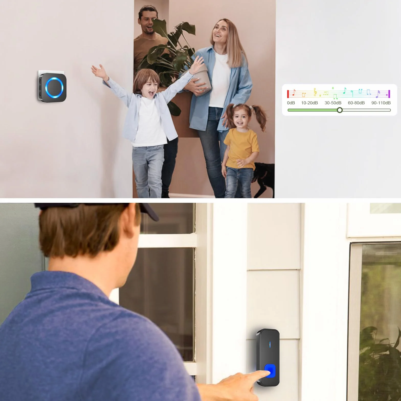 SURFOU Bezprzewodowy dzwonek do drzwi z odbiornikiem plug-in, zasięg 400 m, wodoszczelny, 55 dźwięków dzwonków, 5 głośności, migające diody LED, czarny