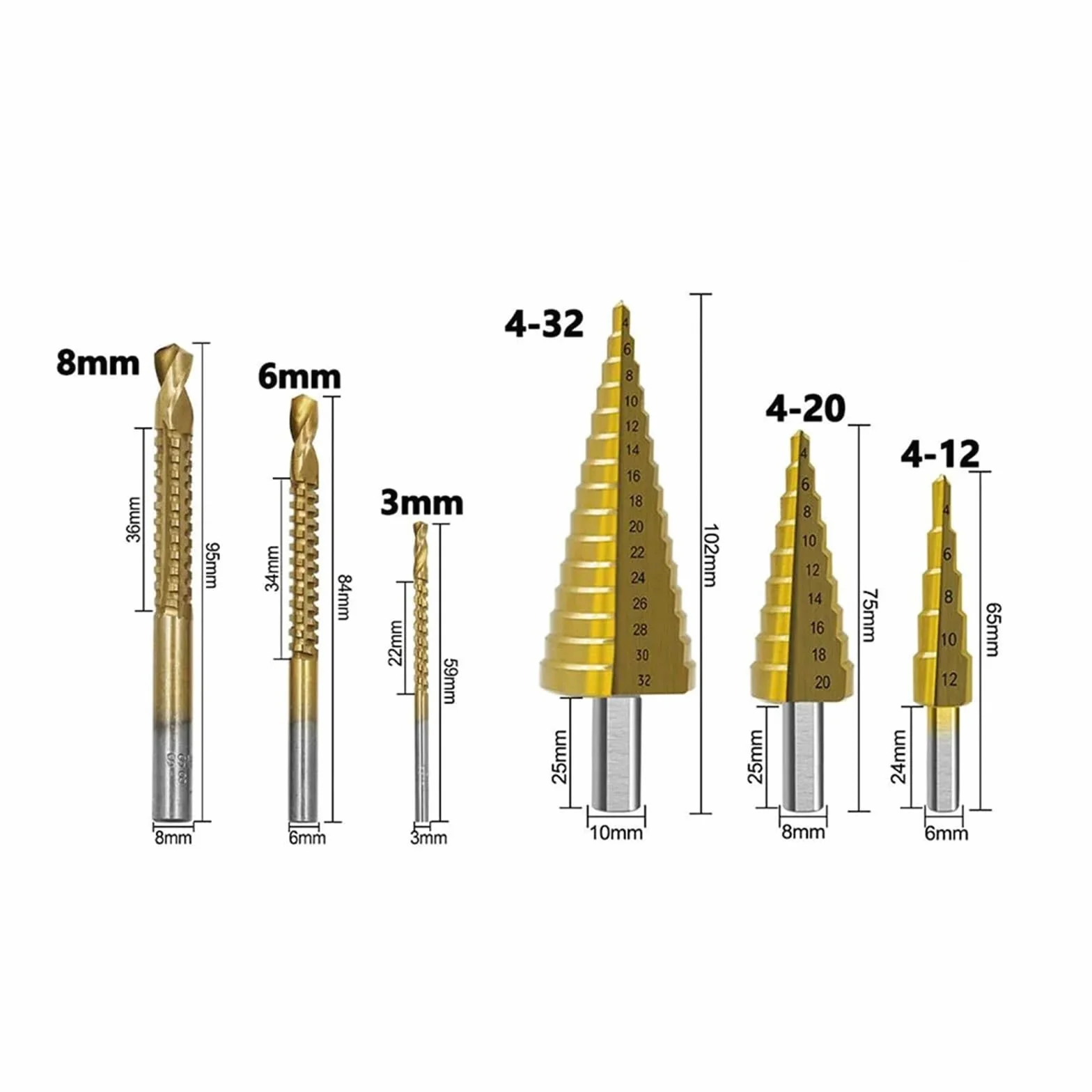 6 sztuk wiertła stopniowe HSS spiralne metryczne kompozytowe wiertło kranowe 4-12 4-20 4-32mm narzędzia do wiercenia stożkowego do dłutowania do cięcia drewna (Material : Bagged)