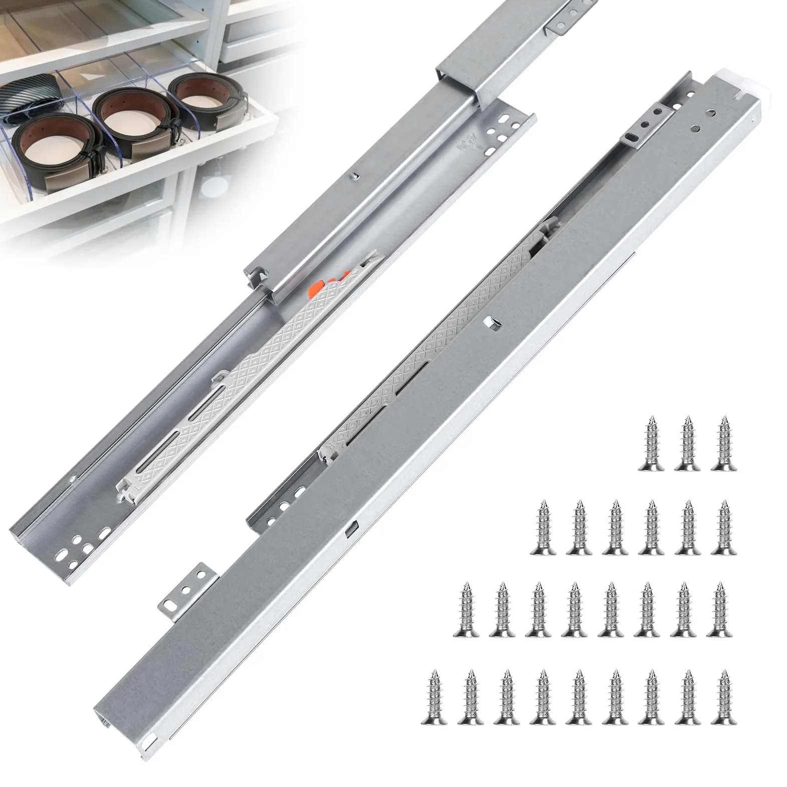 EFUTURETIME 2 x 45 cm szyny do szuflad pełny wysuw 77 cm szufladowy wysuw Softclose o dużej nośności, montaż pod podłogą z prowadnicami podłogowymi z 26 śrubami