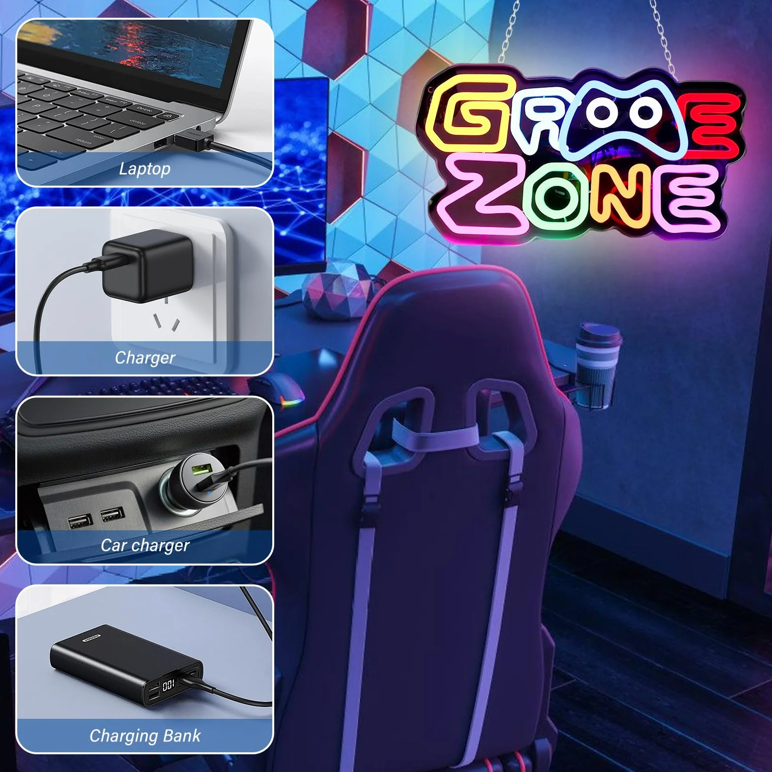 BAIFULAI Gaming Zone neonowy szyld, kolorowe neonowe światło LED do gier, USB, neonowe światło do dekoracji ściany, neonowy znak do strefy gry, dla mężczyzn, prezent dla graczy, chłopców, mężczyzn