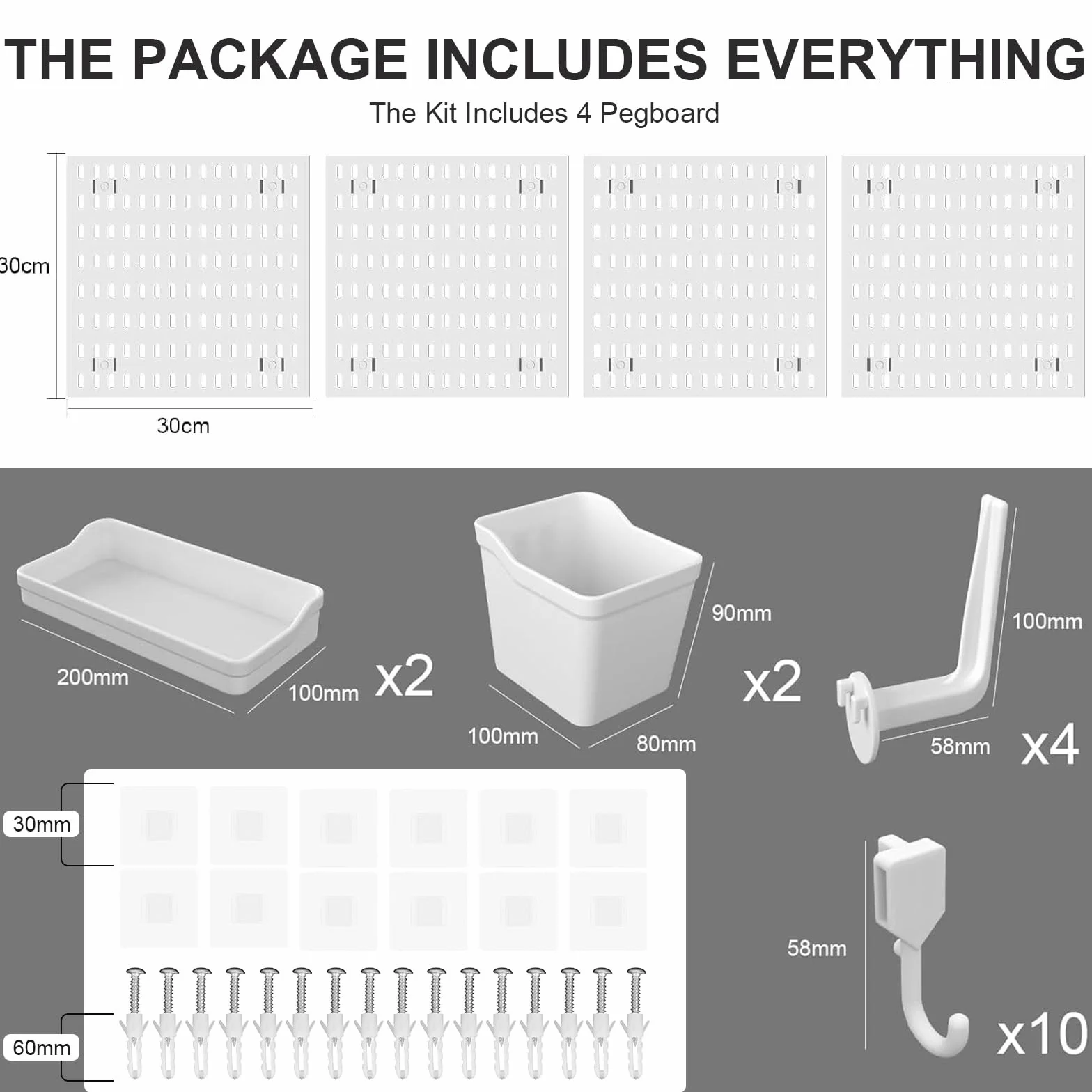 Pegboard zestaw ścianek narzędziowych, 4 sztuki, z tworzywa sztucznego, tablica wtykowa Skadis z 2 wkładanymi półkami, 2 pojemnikami, 14 hakami