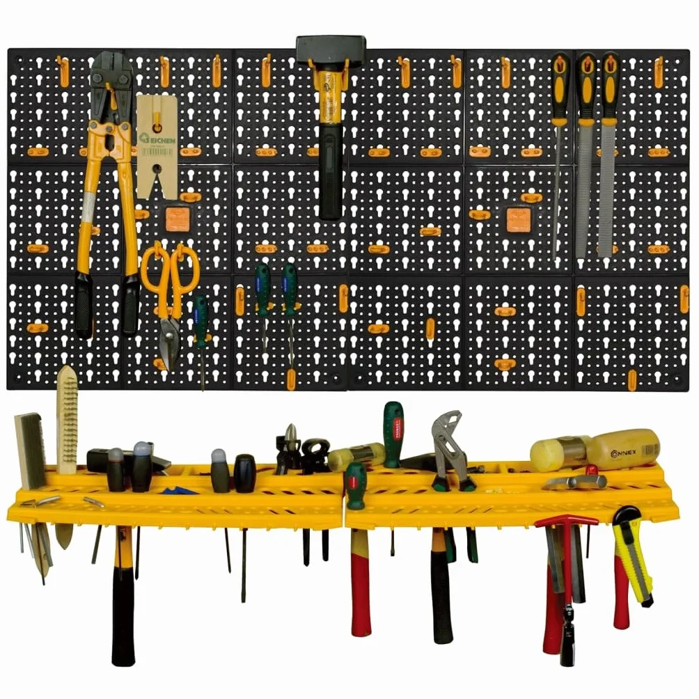 Ścianka narzędziowa 500 x 1000 mm z polipropylenu z 50 haczykami, 2 półki, czarna żółta ściana z otworami do warsztatu, garażu, piwnicy, przechowywania narzędzi dla majsterkowiczów i napraw