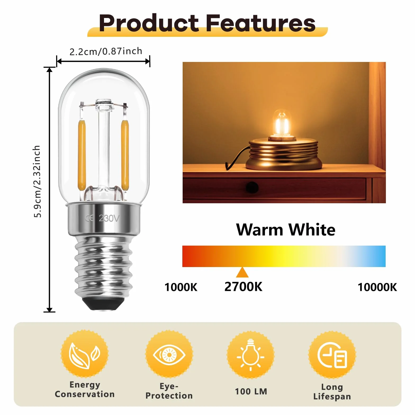 Morotty Żarówka LED do lodówki E14 ciepła biel 2700 K, może zastąpić halogenowy 10W-15W, żarówka karłowata T22 LED SES żarówka do lodówki 230 V, do żarówek do lodówek, żarówek do maszyn do szycia