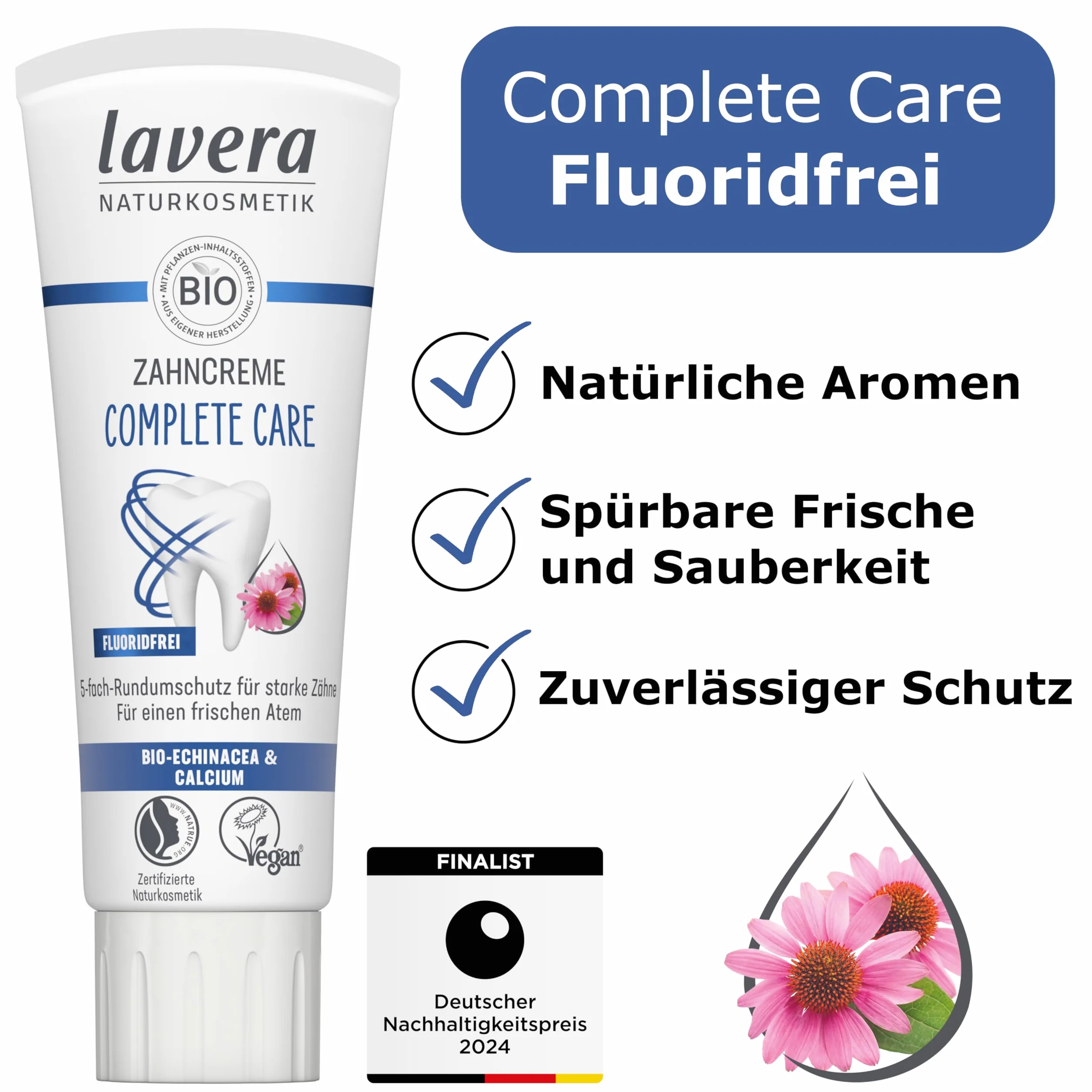 lavera Pasta do zębów Complete Care bez fluorków – 5-krotna ochrona – biosubstancje czynne – Echinacea i wapń – wegańska – naturalny kosmetyk – 75 ml