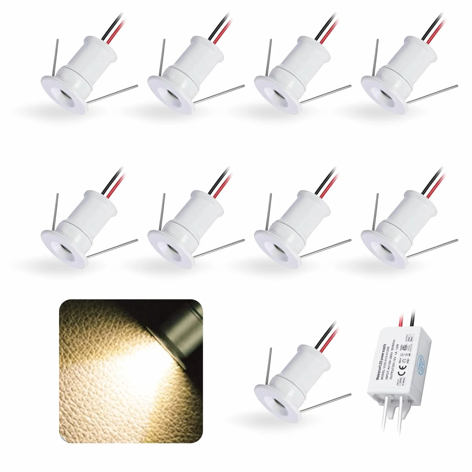 9SZT 12V 1W Mini LED Lampa Spotlight, IP65 Wodoodporna Lampa Wbudowana do Wystaw, Użycie Wewnętrzne Kuchnia Schody Szafka Korytarz Oświetlenie DIY (Biały Biały Ciepły 30°)