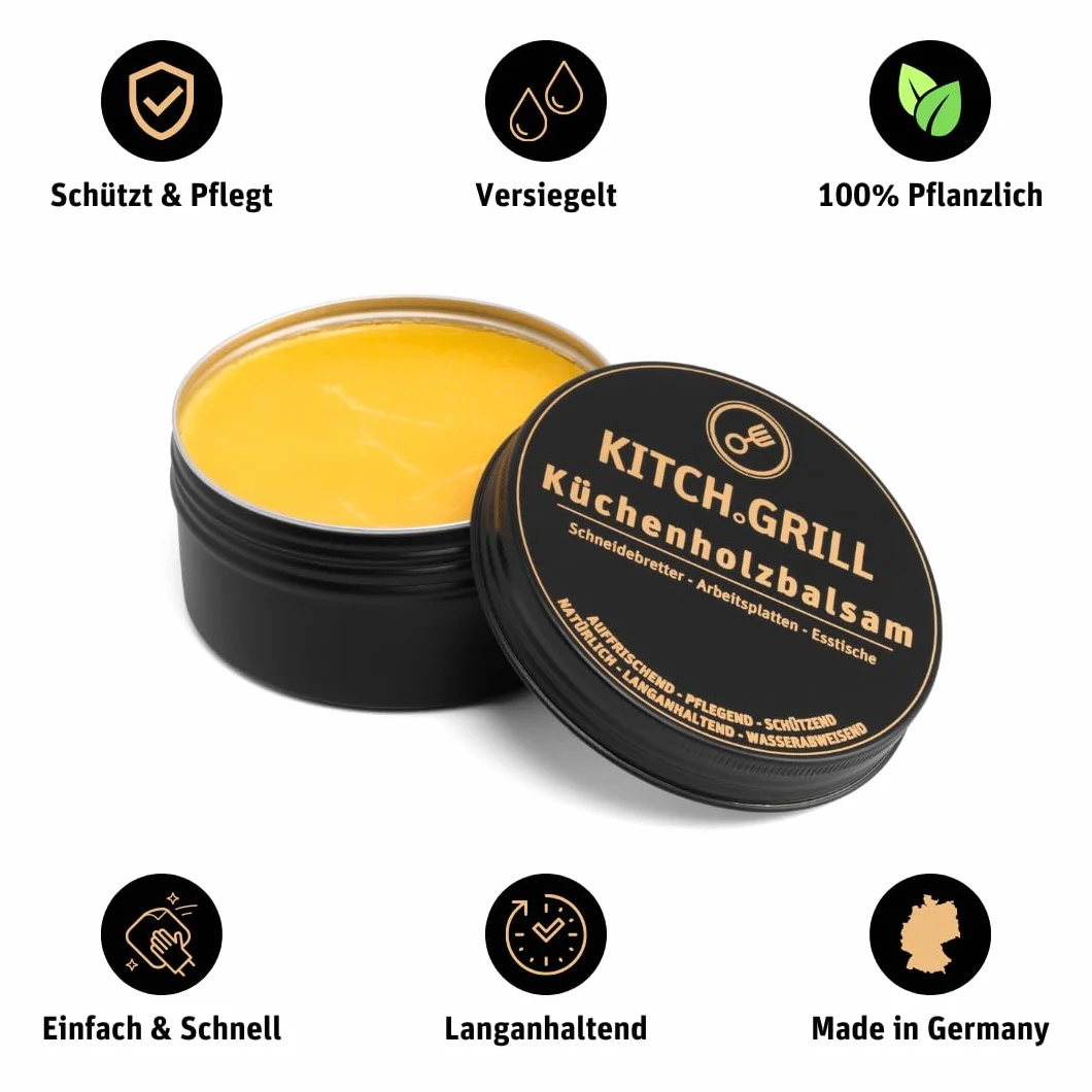 KitchGrill balsam do drewna kuchennego | pielęgnacja drewna do desek do krojenia, blatów roboczych i stołów jadalnych | 200 ml | 100% pielęgnacja roślin | Made in Germany