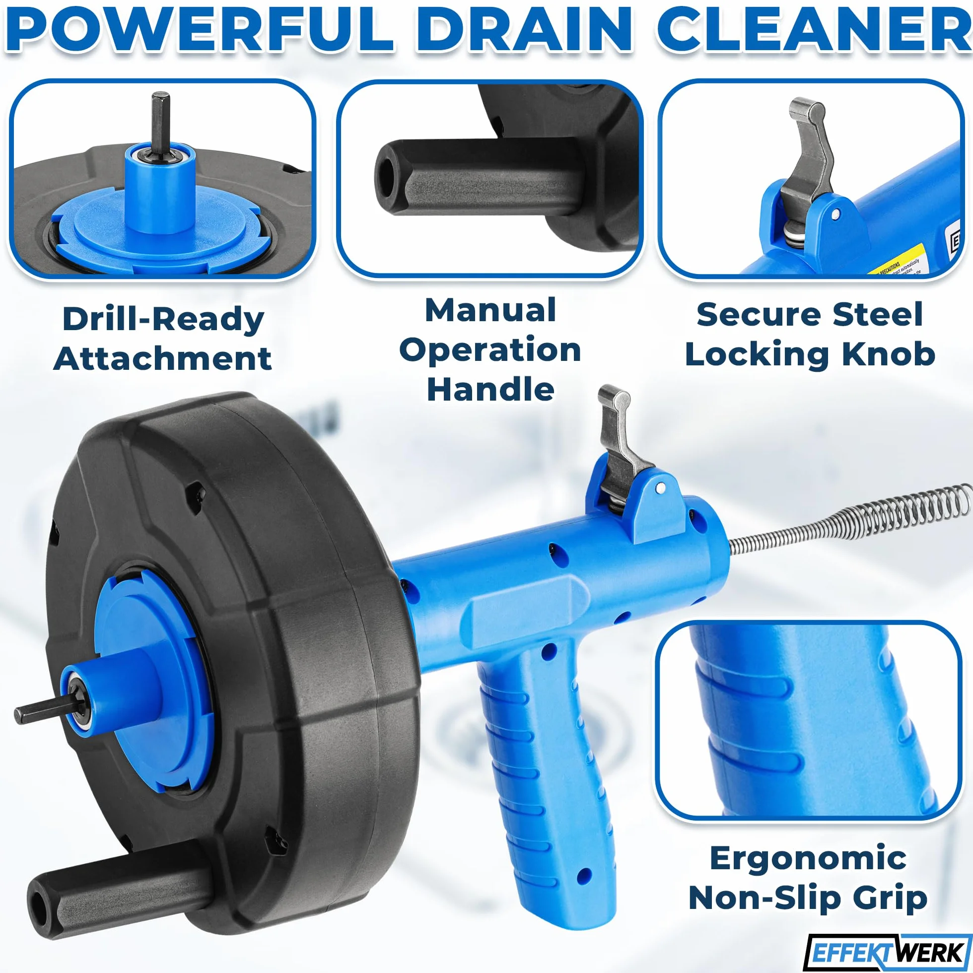 Drain Auger Drill Attachment with 7.6 m Plumbing Snake, Gloves, and Storage Bag - Pipe Clog Remover for Bathtub, Bathroom/Kitchen Sink and Shower Drains